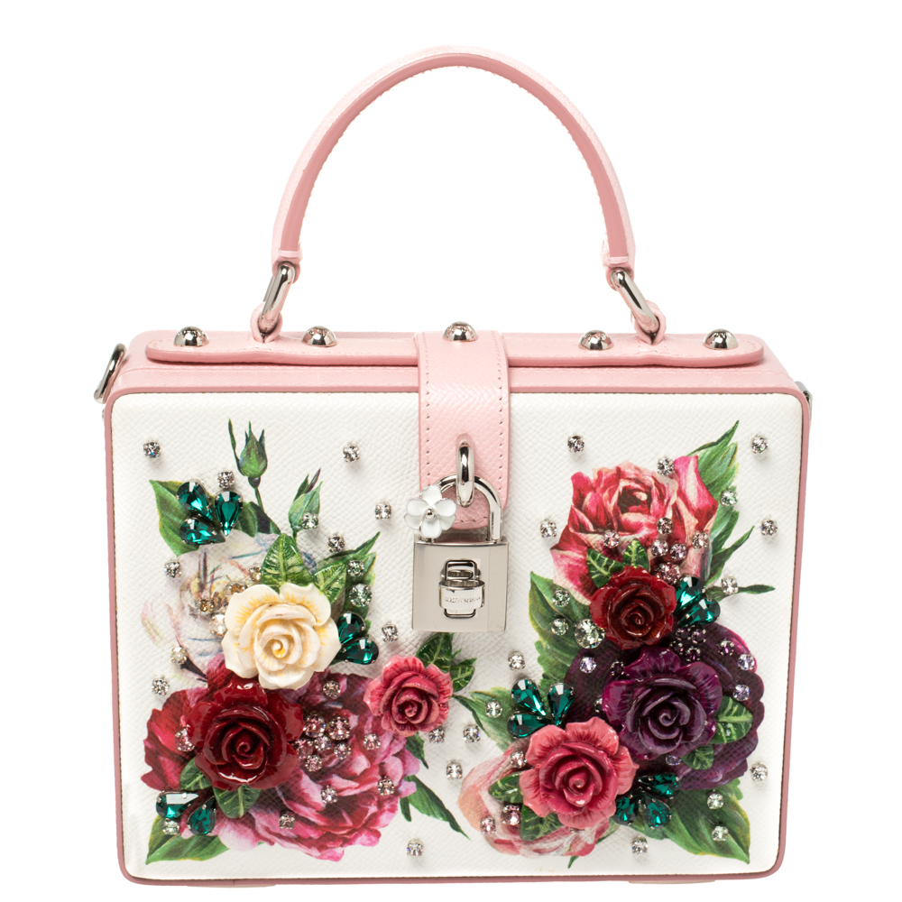 Dolce & Gabbana Pink/White Leather Floral Embellished Dolce Box Bag