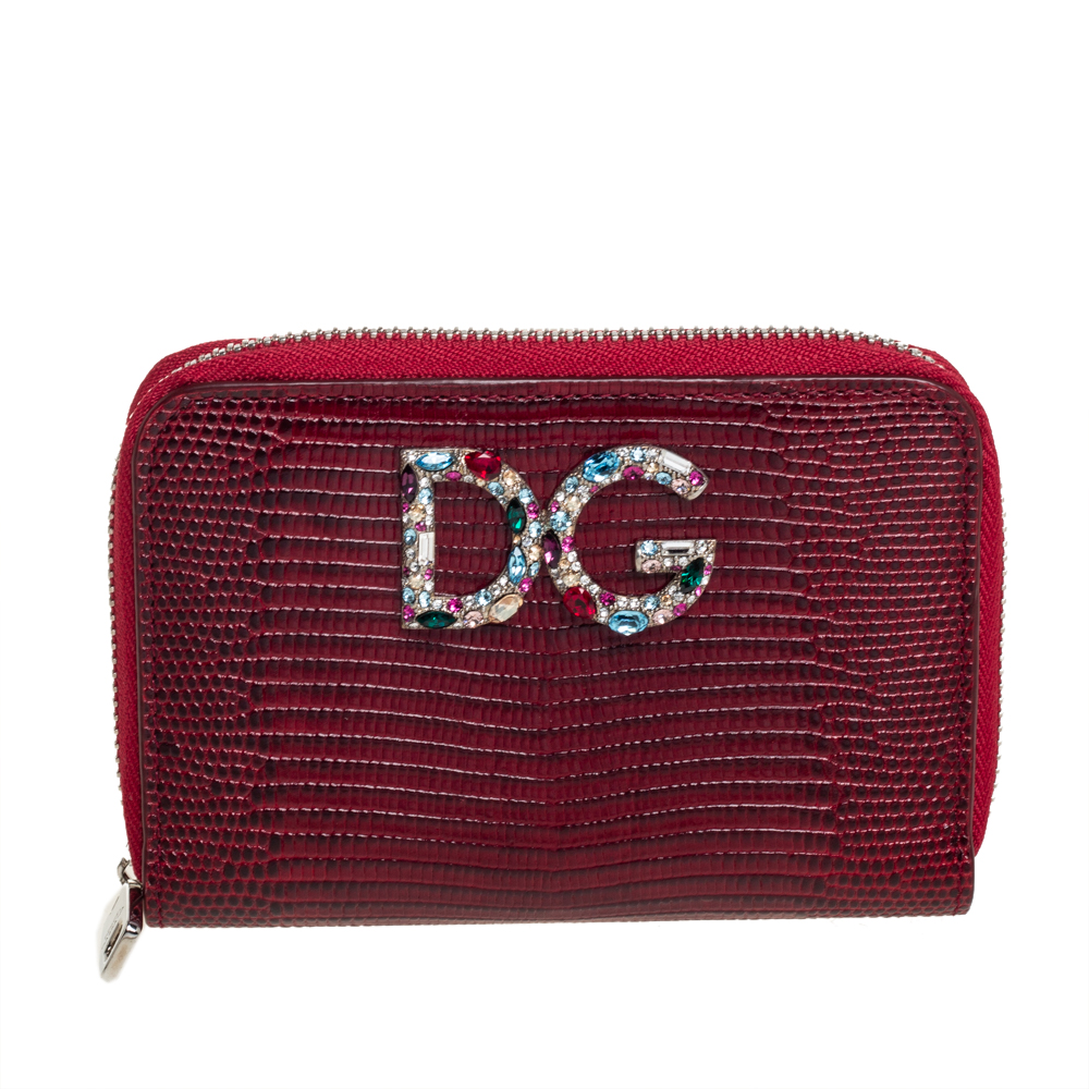 Dolce & Gabbana Red Lizard Embossed Leather Crystal-Embellished Wallet