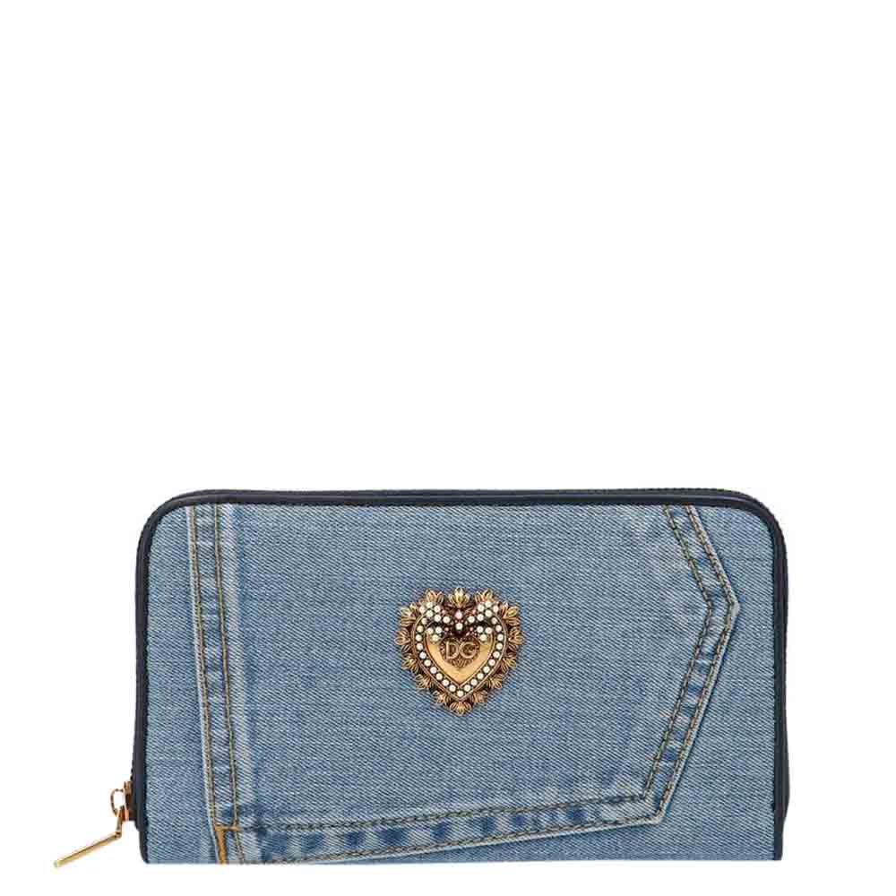 Dolce & Gabbana Blue Patchwork Denim Devotion Zip Around Wallet