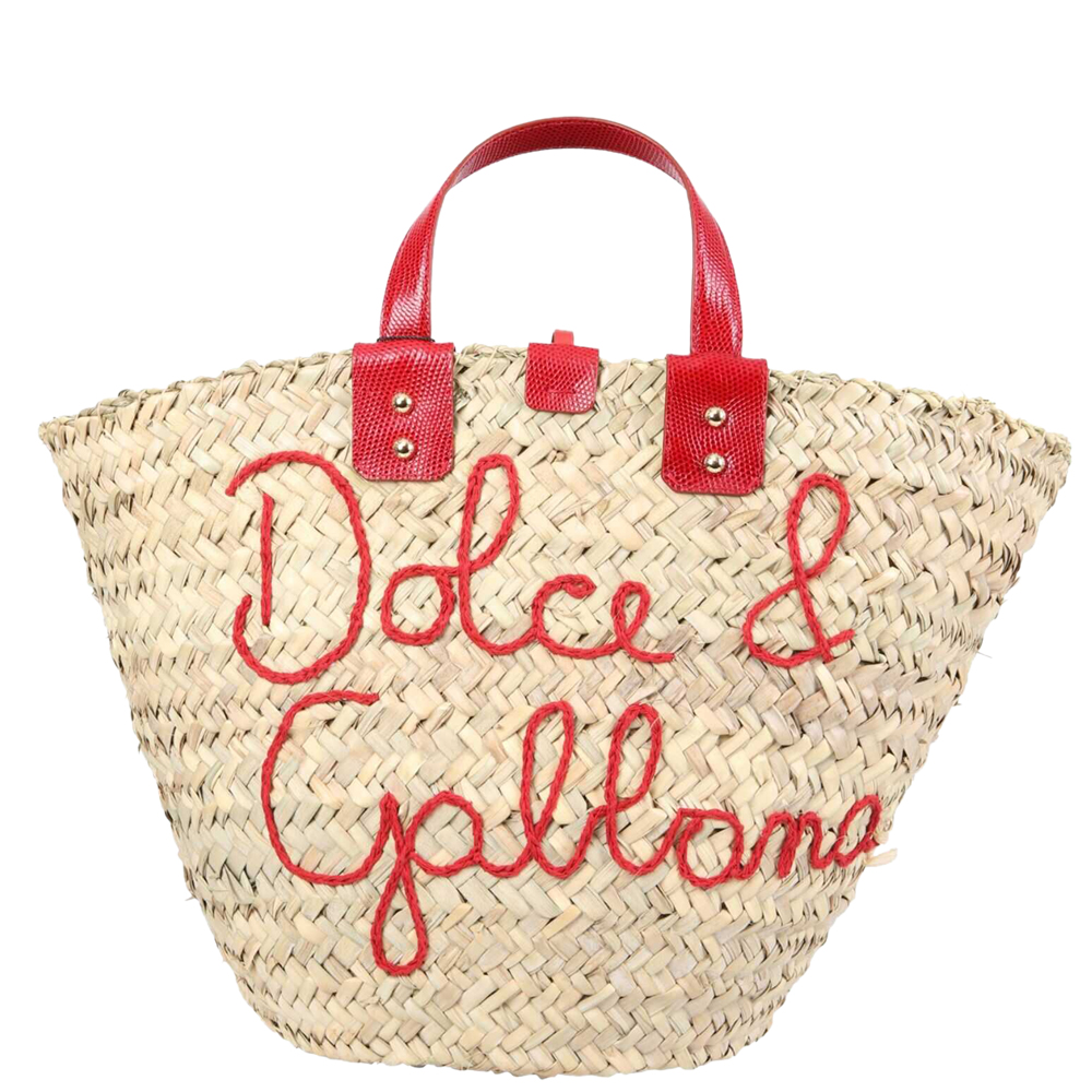 Dolce & Gabbana Beige/Red Straw Thread embroidery Kendra Coffa bag