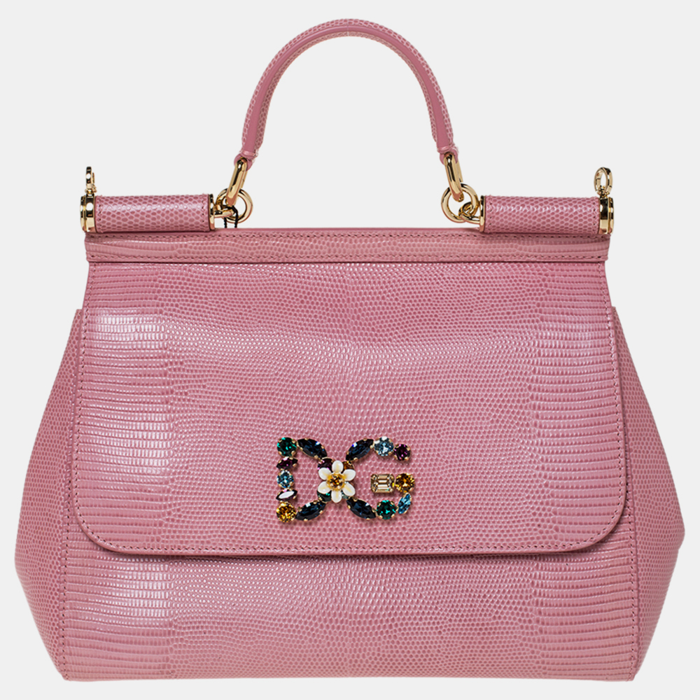 Dolce & Gabbana Pink Iguana Embossed Leather Crystal DG Logo Medium Miss Sicily Bag