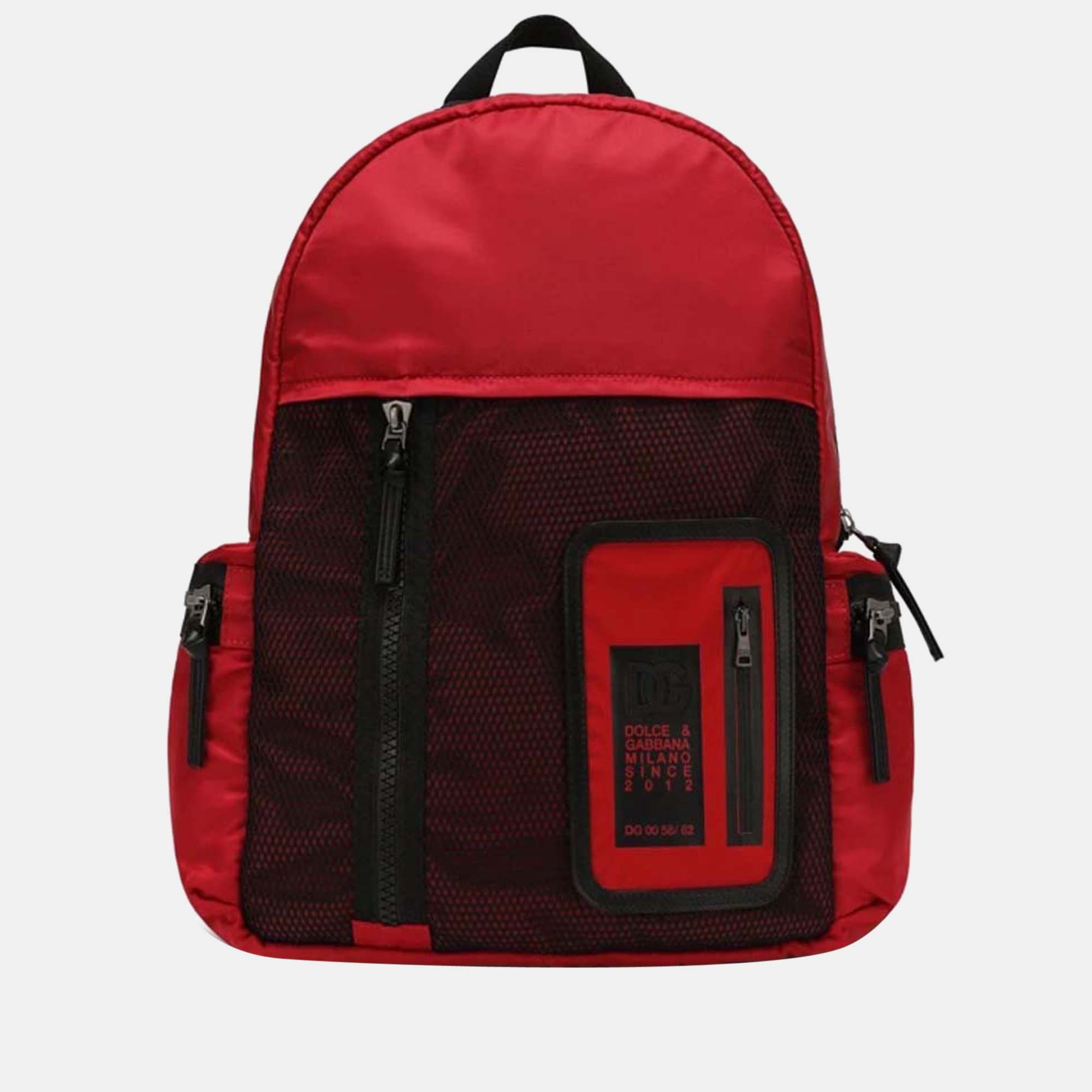 Dolce & gabbana kids red & black - leather and nylon - kids logo patch backpack