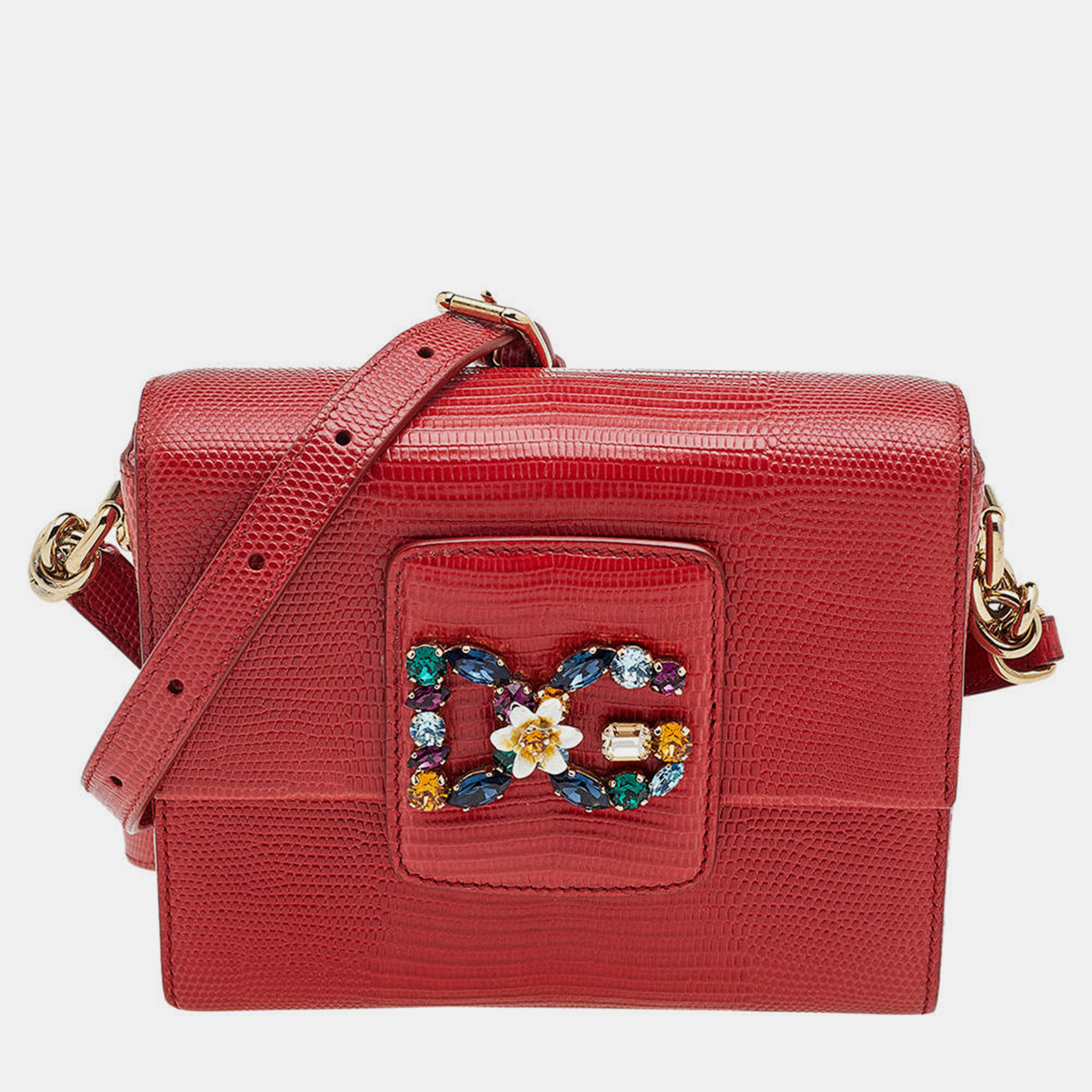 Dolce & Gabbana Red Lizard Embossed Leather DG Millennials Shoulder Bag