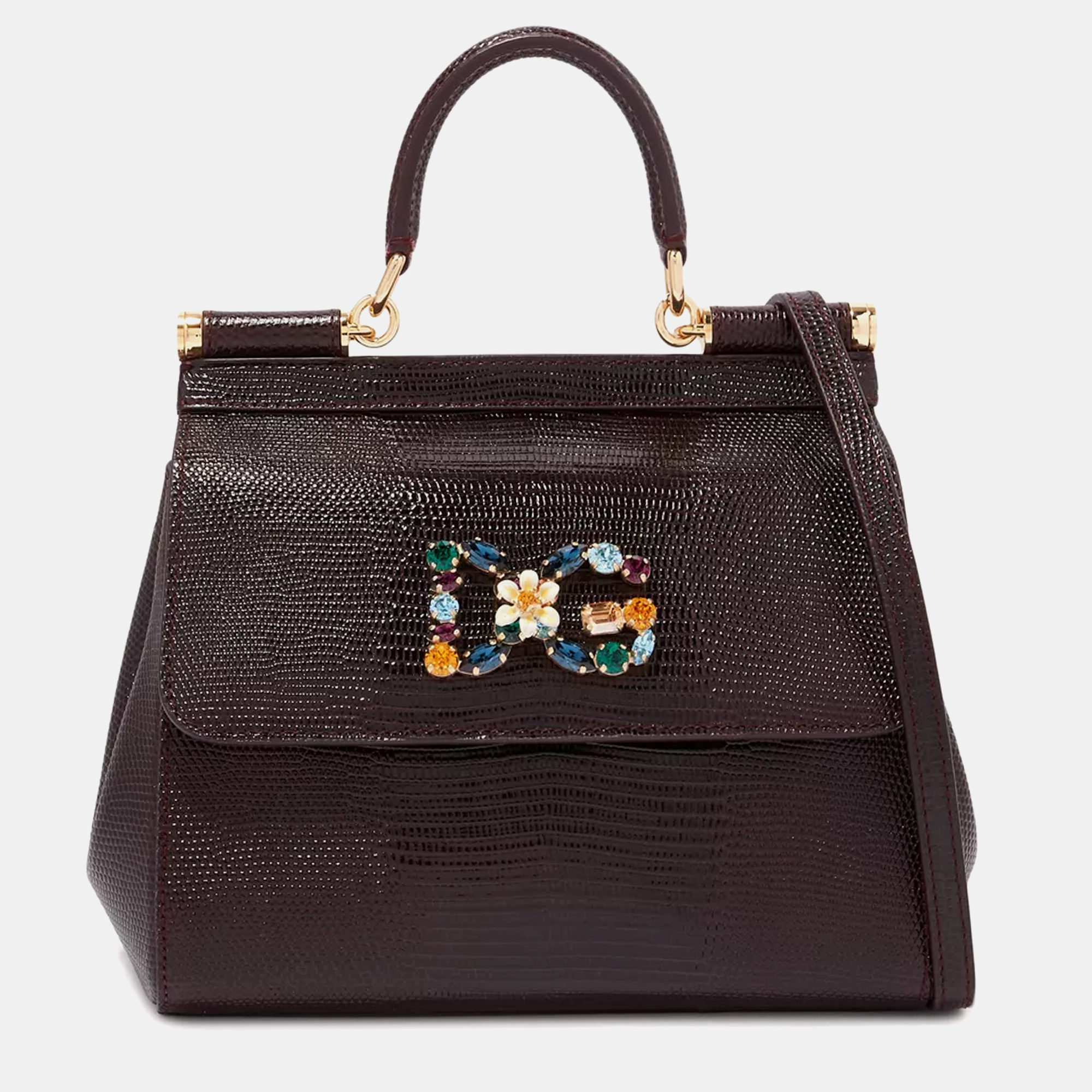 Dolce & Gabbana Burgundy Iguana Embossed Leather Crystal DG Logo Medium Miss Sicily Bag