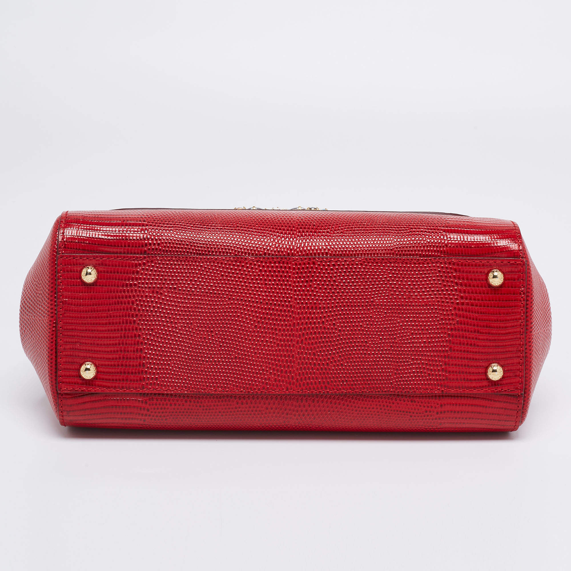 Dolce & Gabbana Red Lizard Embossed Leather Crystal DG Logo Medium Miss Sicily Bag