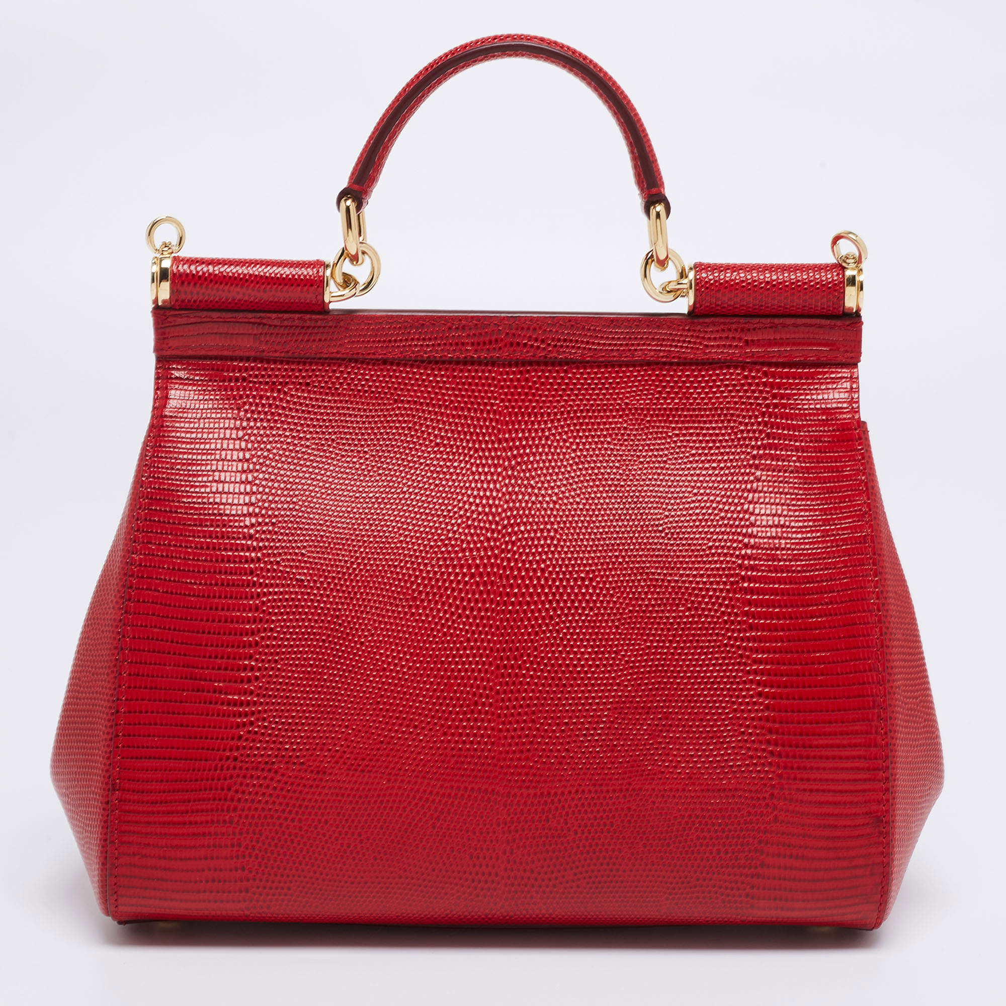 Dolce & Gabbana Red Lizard Embossed Leather Crystal DG Logo Medium Miss Sicily Bag