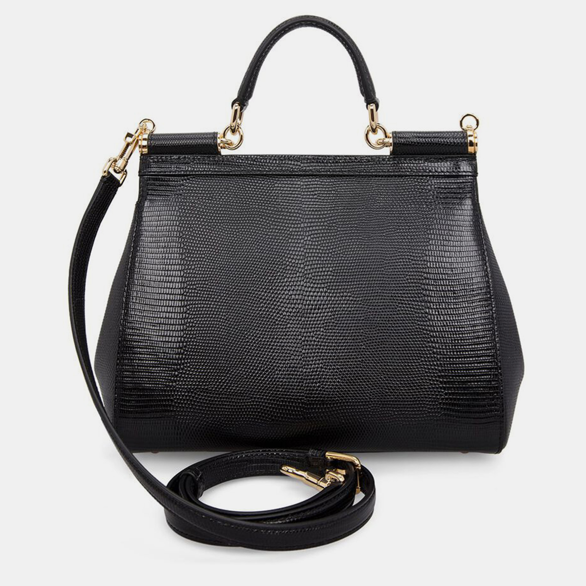 Dolce & Gabbana Black Lizard Embossed Leather Crystal DG Logo Medium Miss Sicily Bag