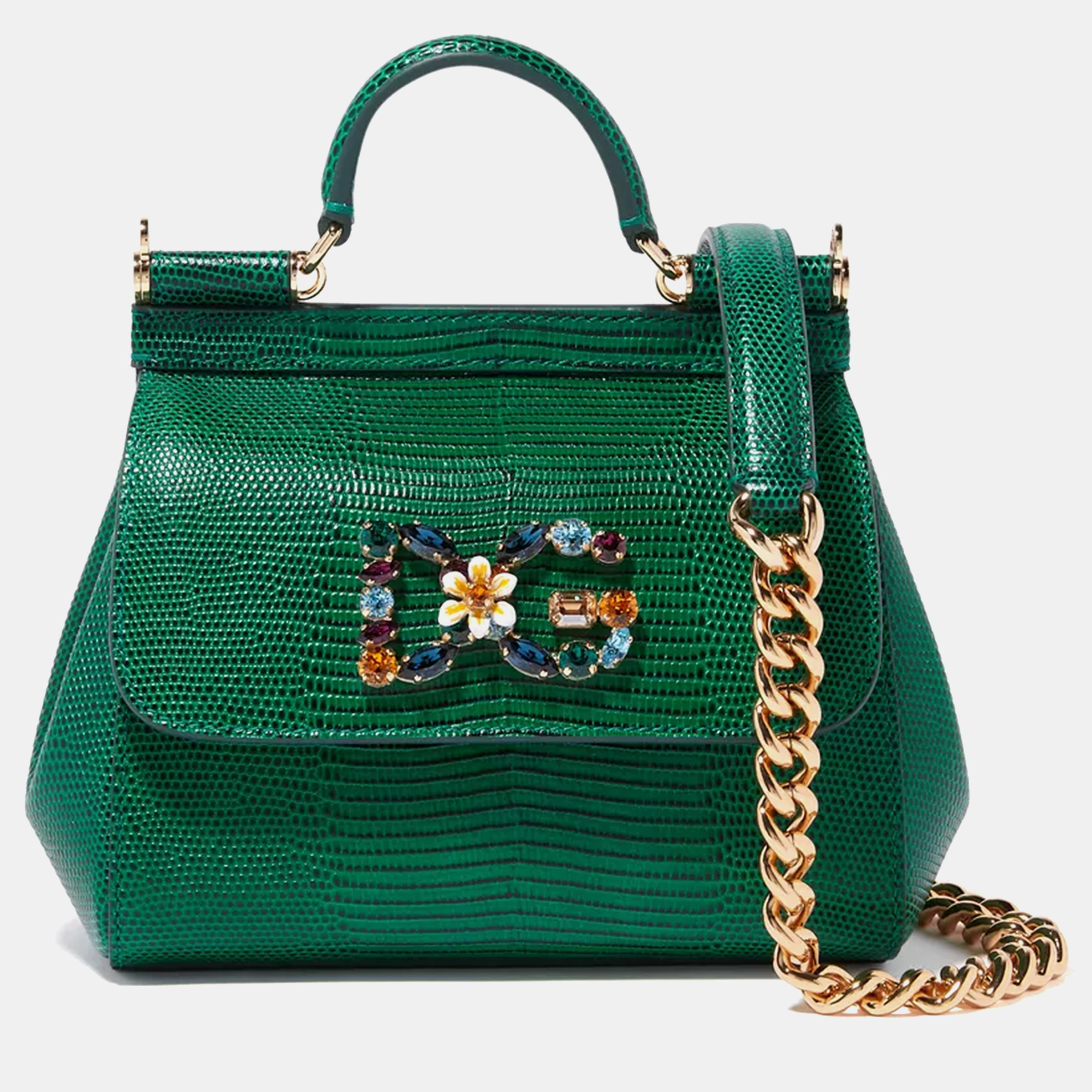 Dolce & Gabbana Green Iguana Embossed Leather Crystal DG Logo Small Miss Sicily Bag