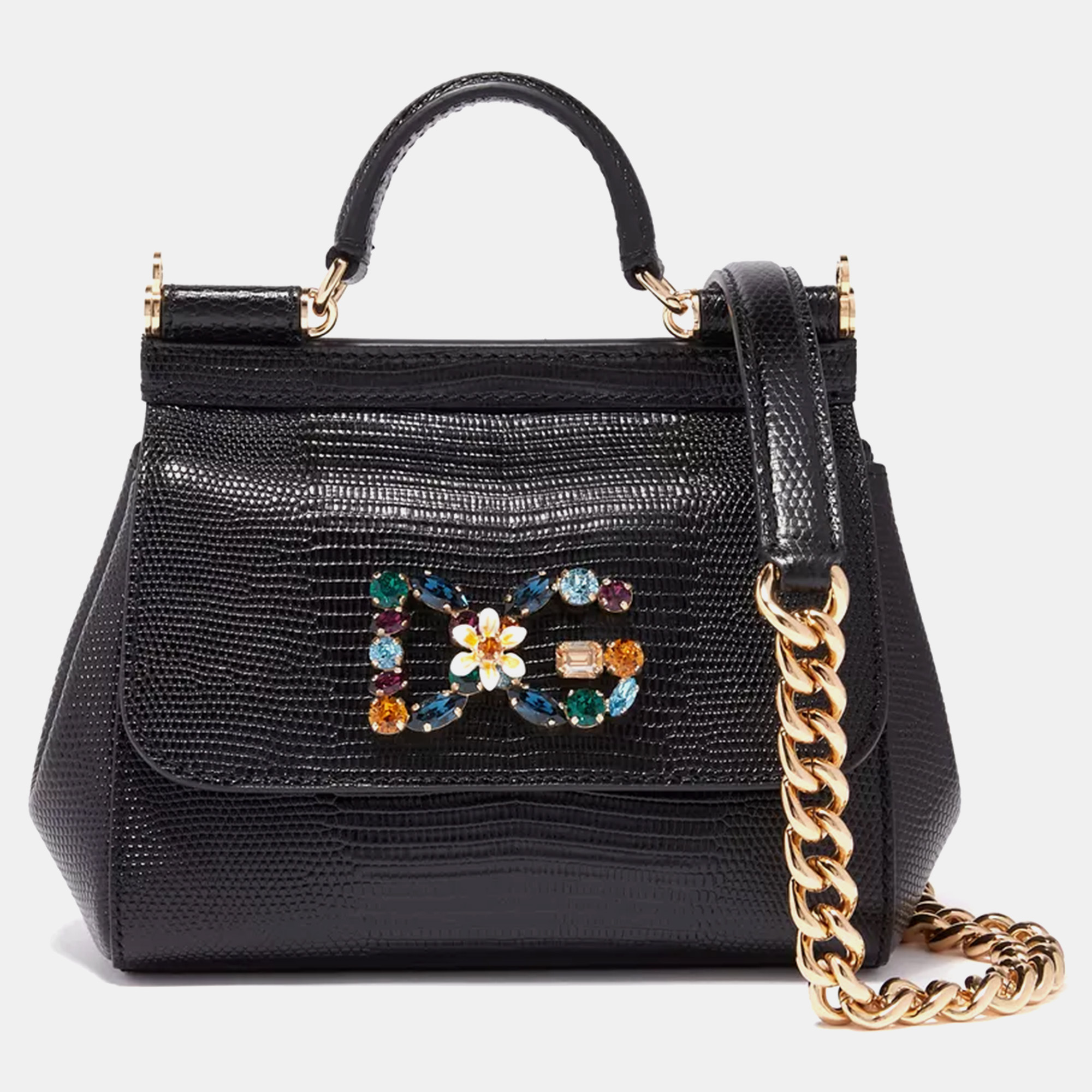 Dolce & Gabbana Black Iguana Embossed Leather Crystal DG Logo Small Miss Sicily Bag