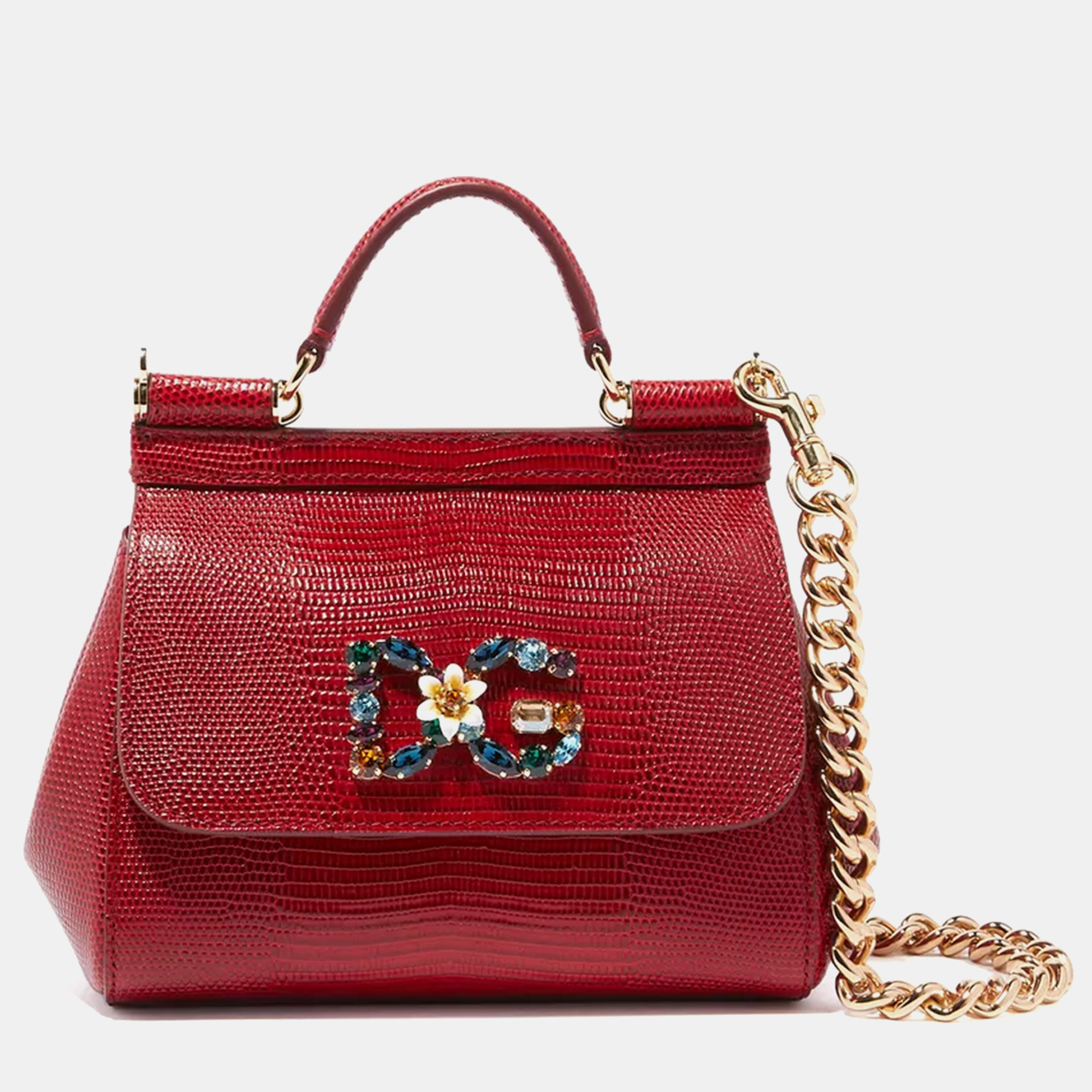 Dolce & Gabbana Red Iguana Embossed Leather Crystal DG Logo Small Miss Sicily Bag