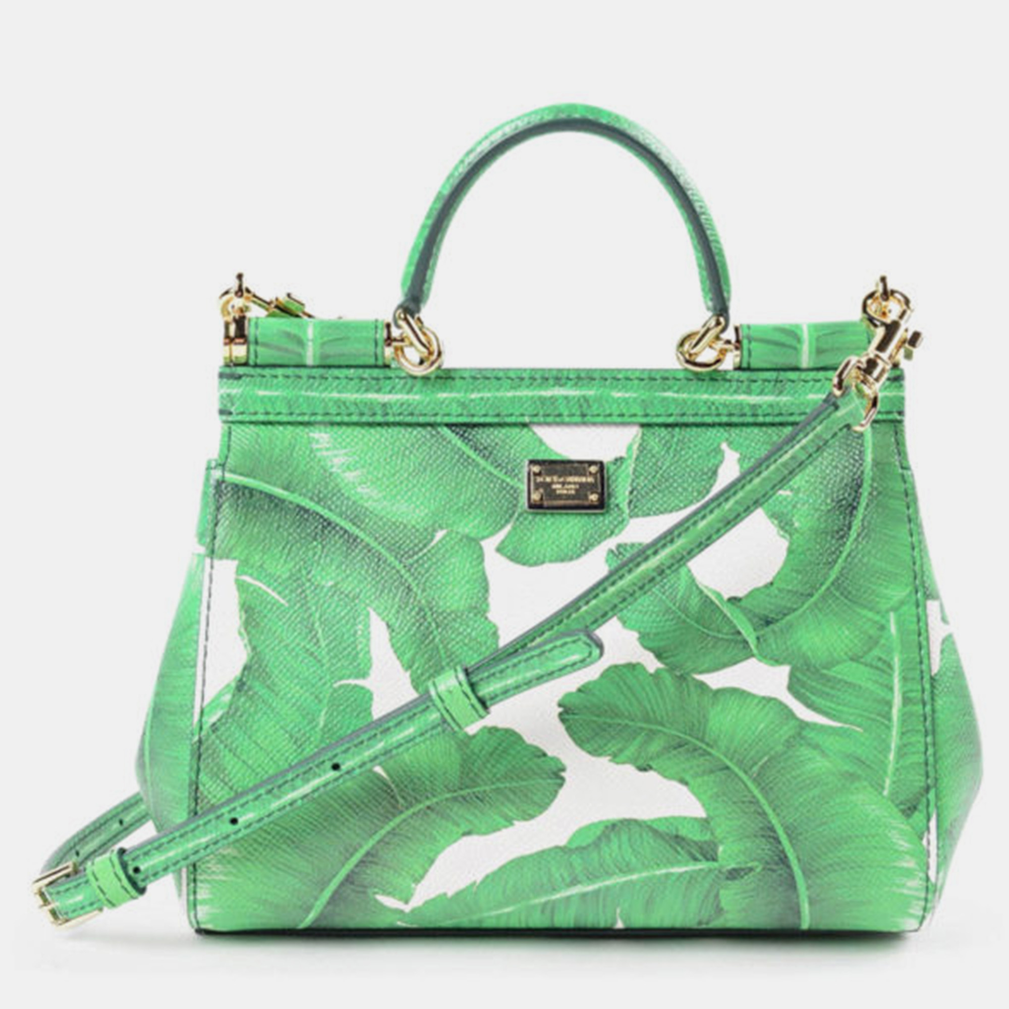 Dolce & Gabbana Green Banana Leaf Print Leather Small Miss Sicily Top Handle Bag