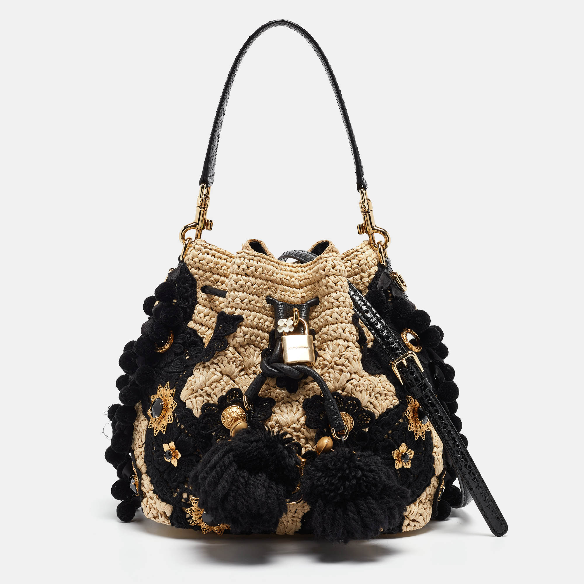Dolce & gabbana beige/black raffia crochet embellished claudia bucket bag