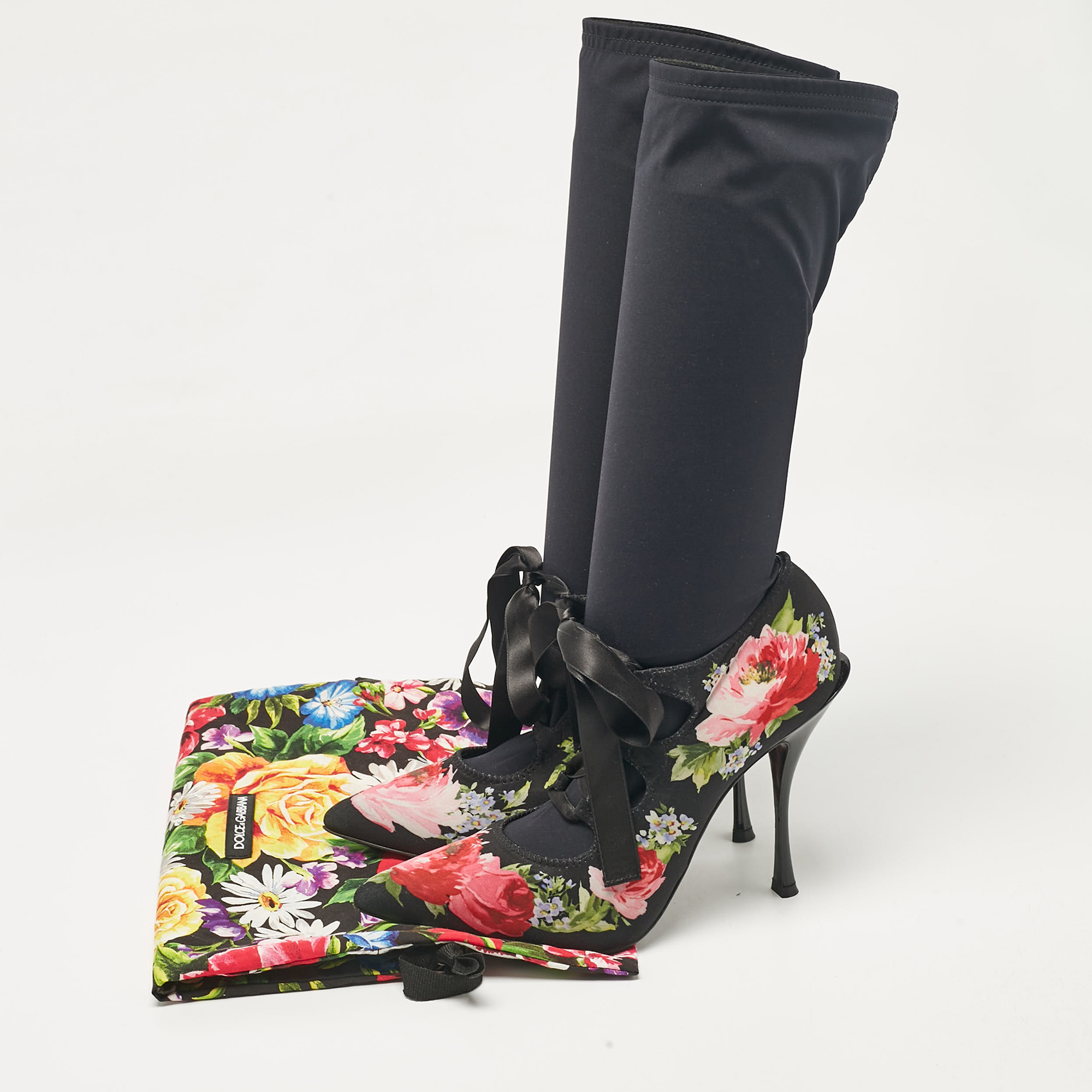 Dolce & Gabbana Multicolor Stretch Fabric Flower Embraided Boots Size 40