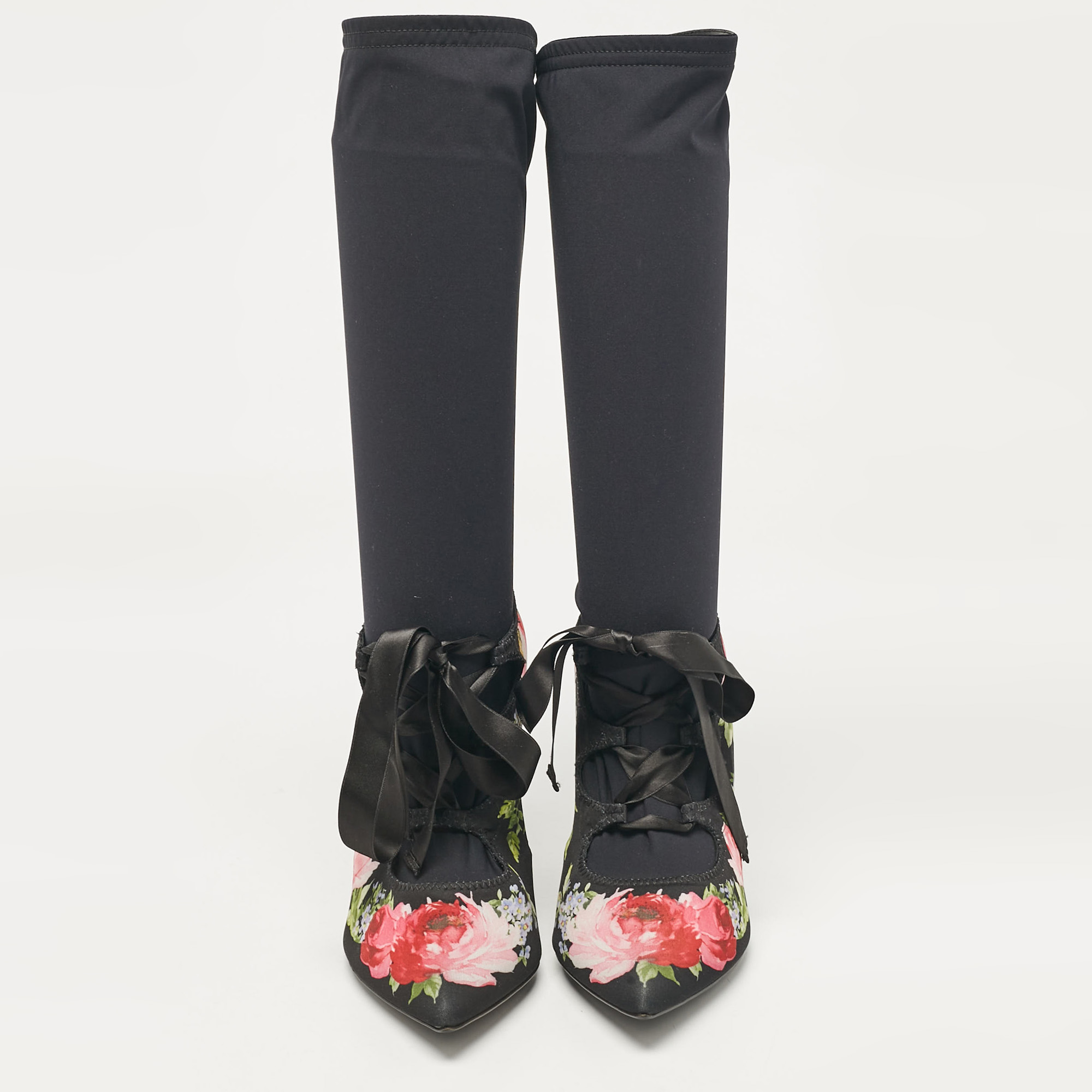 Dolce & Gabbana Multicolor Stretch Fabric Flower Embraided Boots Size 40