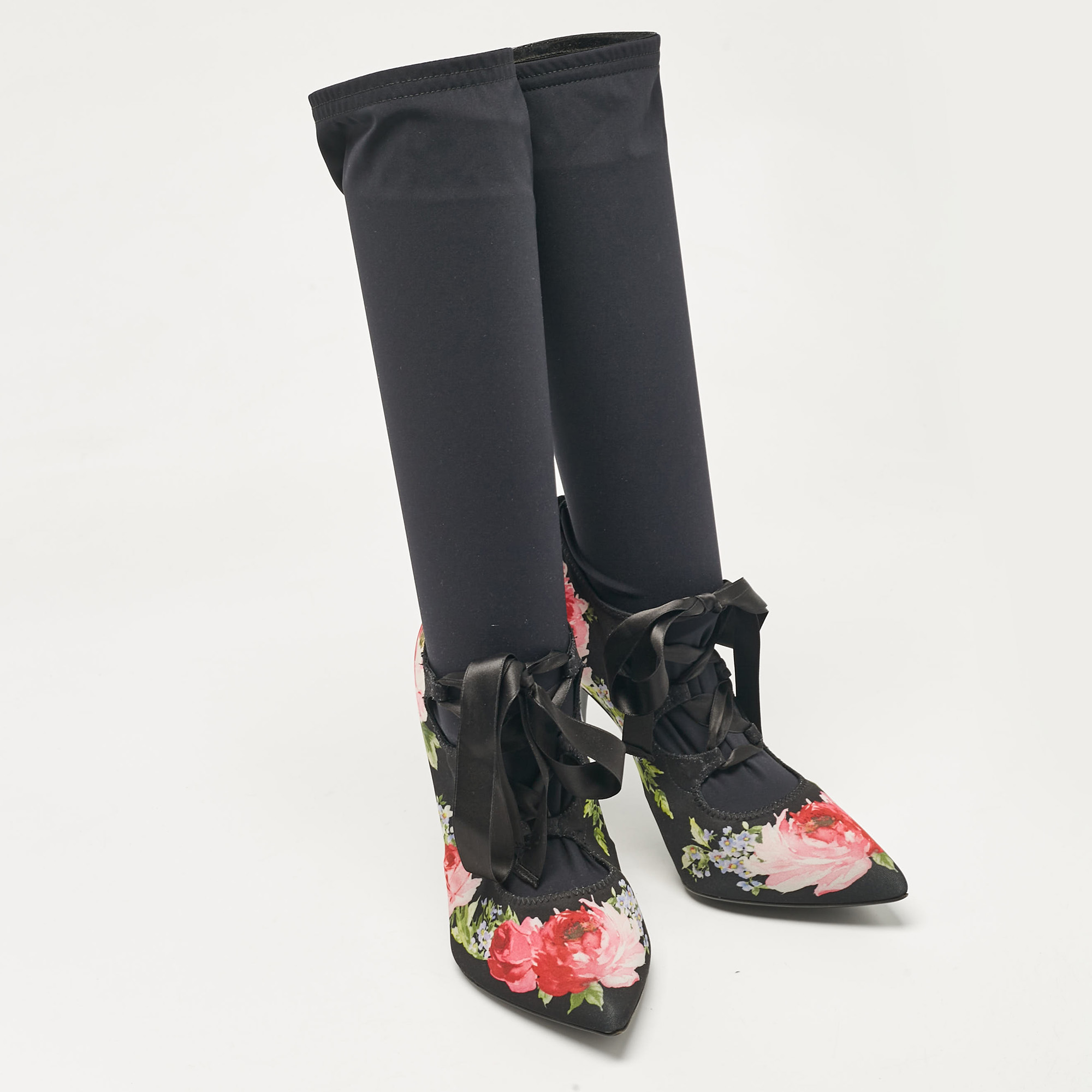 Dolce & Gabbana Multicolor Stretch Fabric Flower Embraided Boots Size 40