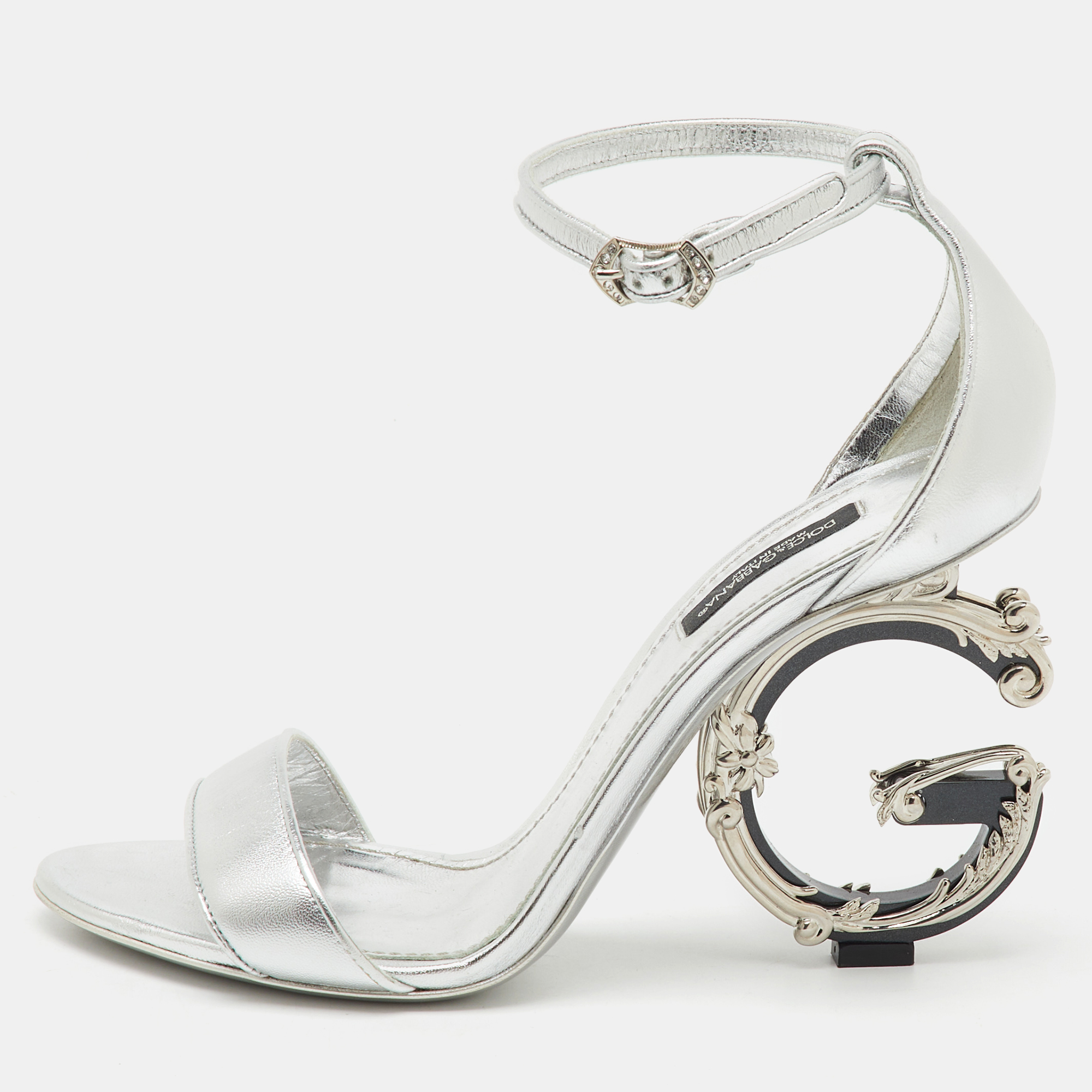 Dolce & Gabbana Silver Leather Keira Baroque DG Heel Ankle Strap Sandals Size
Dolce & Gabbana Silver Leather Keira Baroque DG Heel Ankle Strap Sandals Size