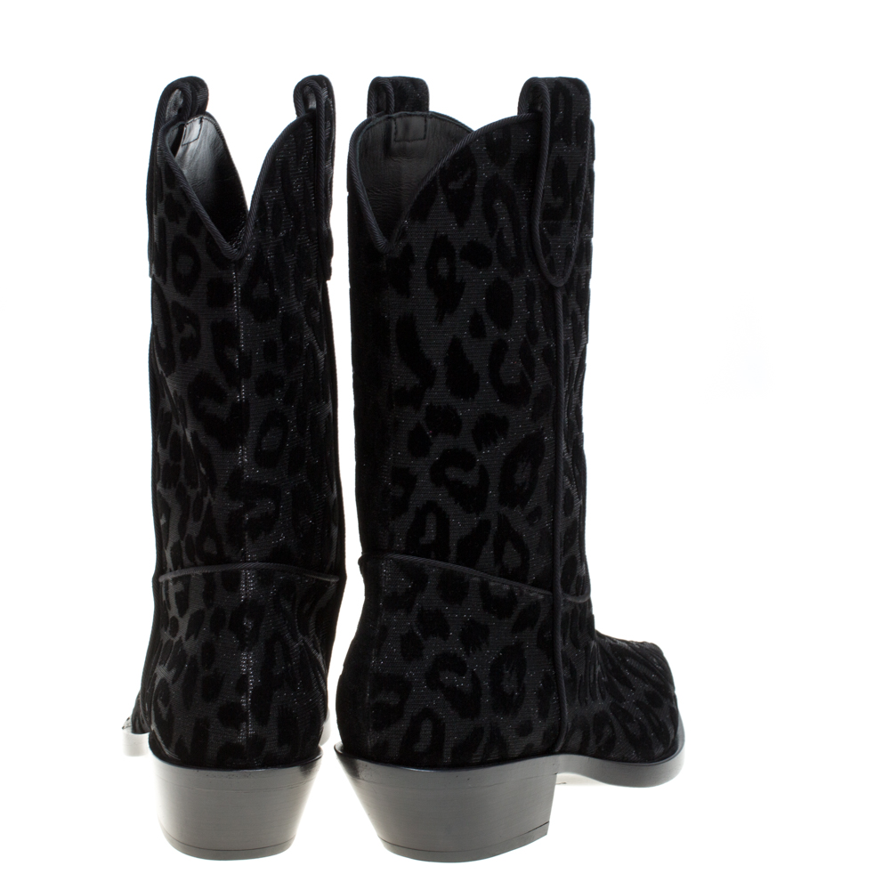 Dolce & Gabbana Black Animal Print Lurex And Velvet Cowboy Boots Size 37.5