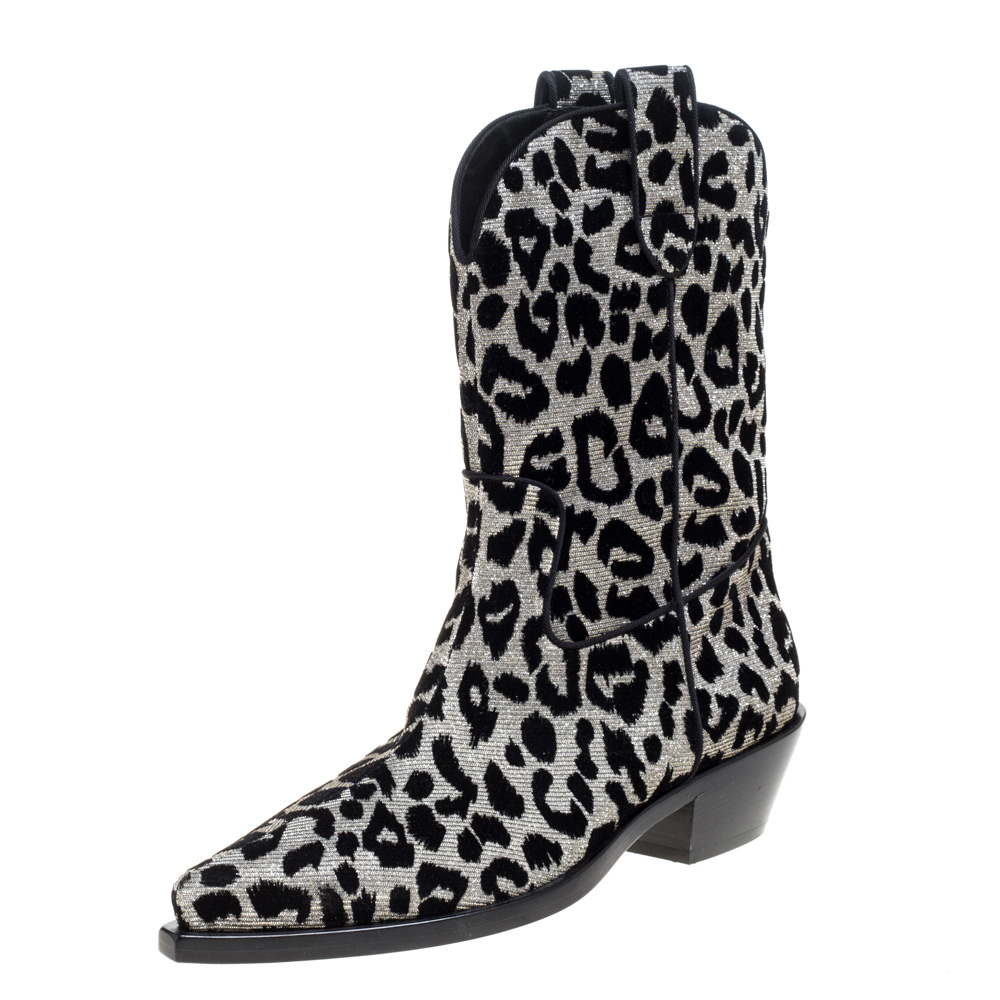 Dolce & Gabbana Black/Silver Animal Print Lurex And Velvet Cowboy Boots Size 39.5