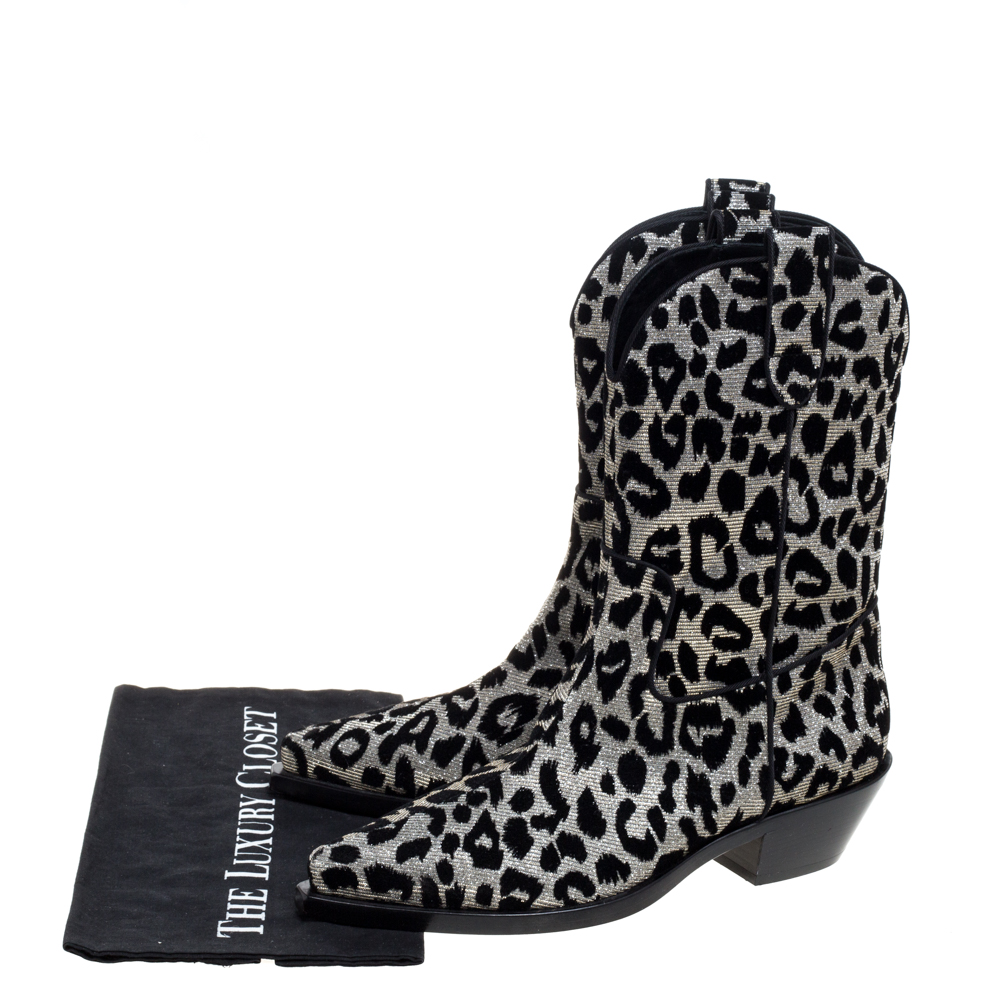 Dolce & Gabbana Black/Silver Animal Print Lurex And Velvet Cowboy Boots Size 39.5