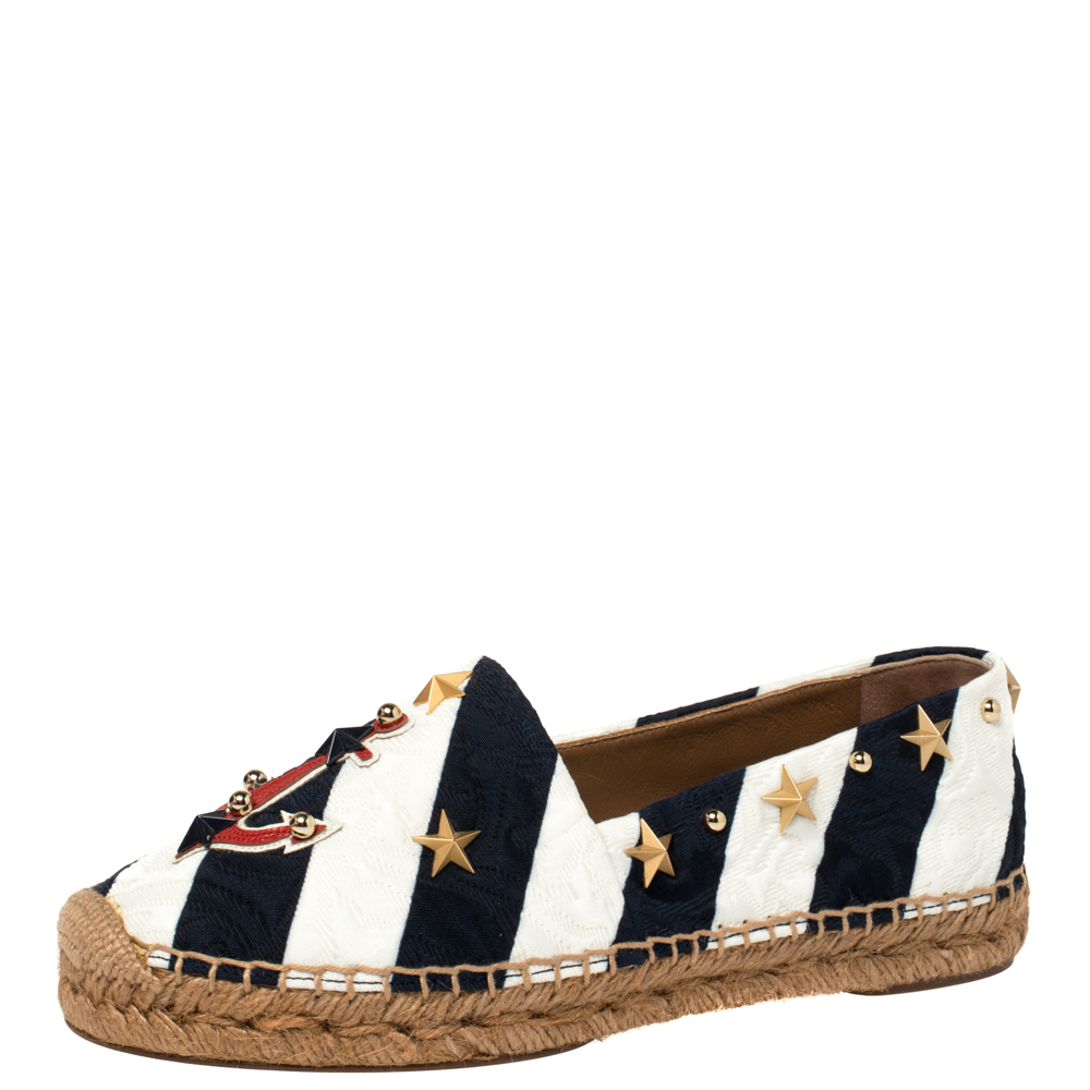 Image of Dolce & Gabbana Blue/White Striped Brocade Fabric Star Studded Anchor Espadrilles Size
