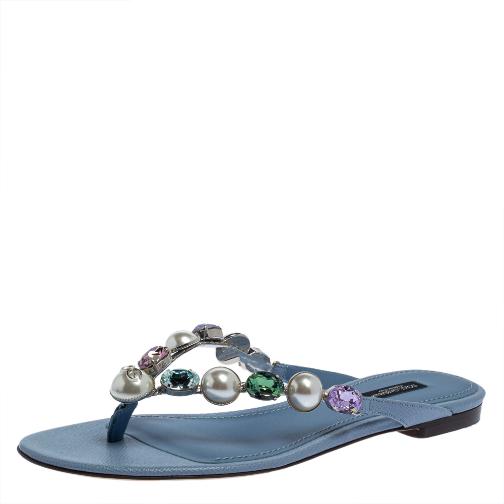 Dolce & Gabbana Blue Leather Crystal Embellished Thong Flat Sandals Size 38
