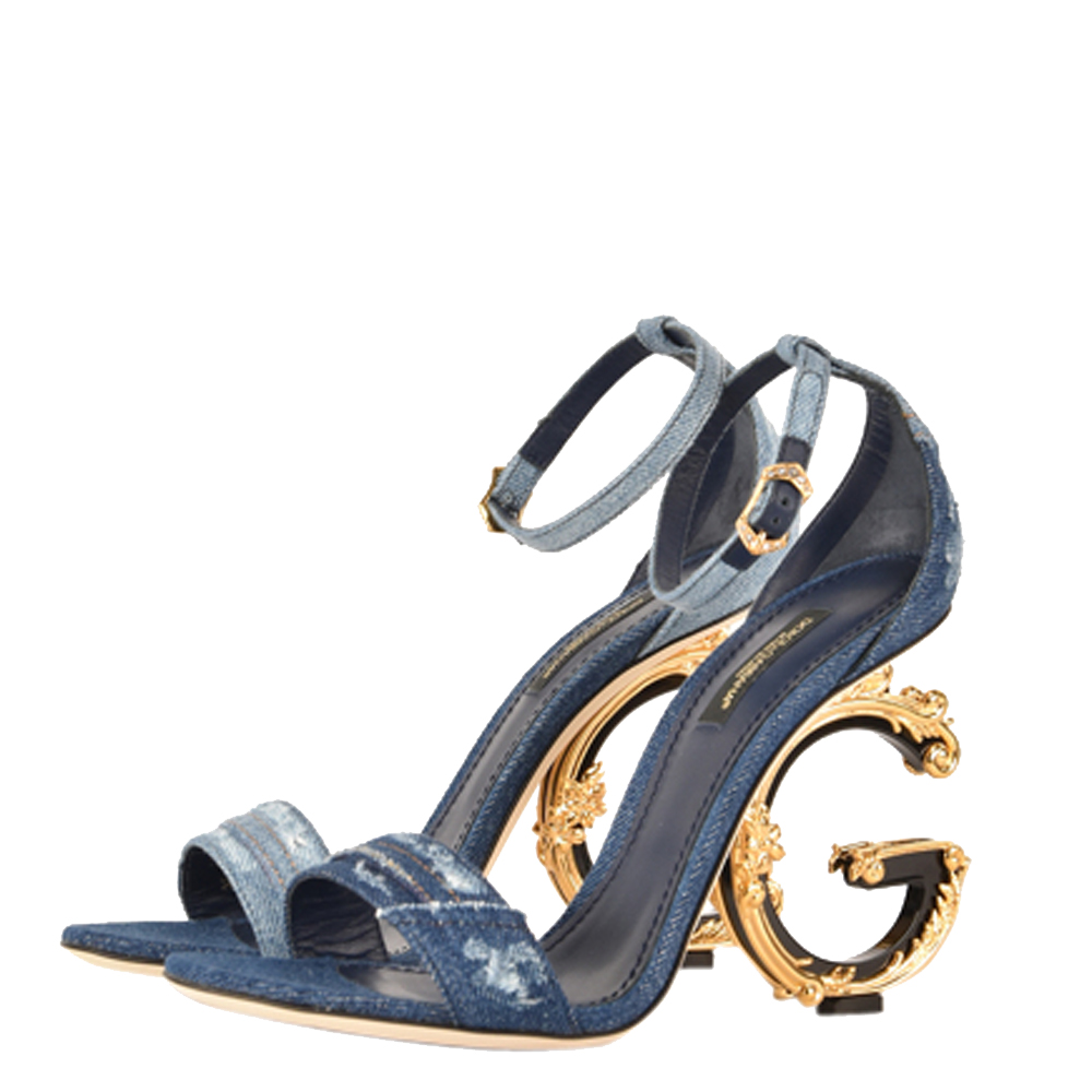 

Dolce & Gabbana Blue Patchwork Denim Baroque DG heel Sandals Size EU