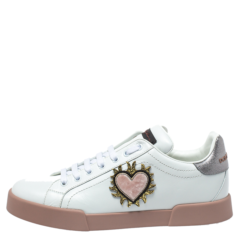 

Dolce & Gabbana White Leather Love Applique Portofino Low Top Sneakers Size