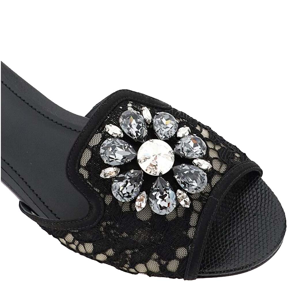 Dolce And Gabbana Black Lace Sofia Crystal Embellished Slides Size EU 36