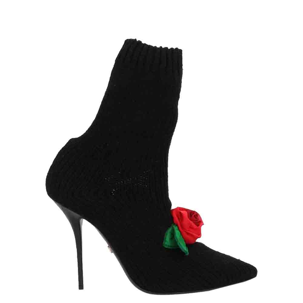 Dolce & Gabbana Black Rose-Appliqué Knit Sock Boots Size EU 36