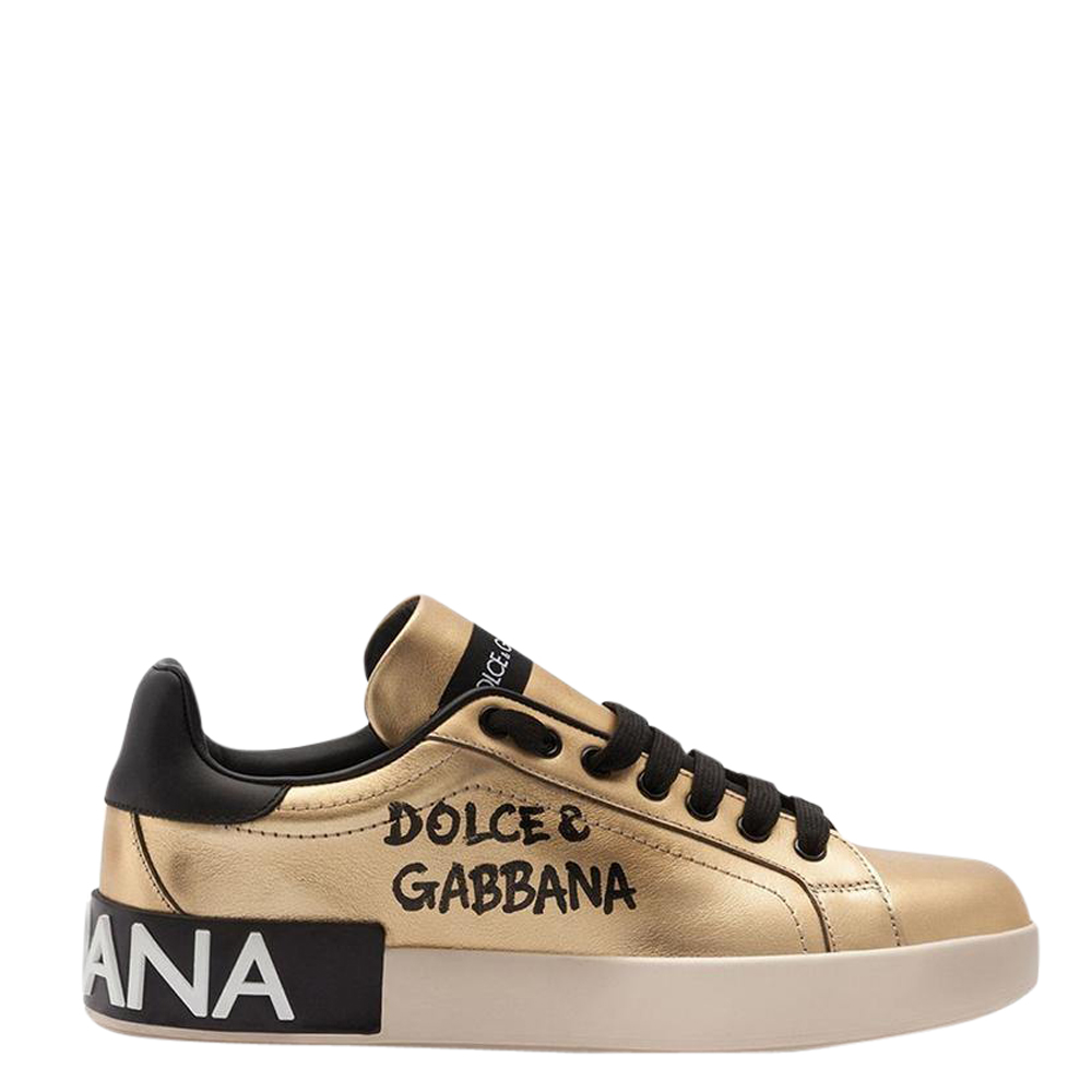 Dolce & Gabbana Gold/Black Portfino Leather Sneakers Size EU 37