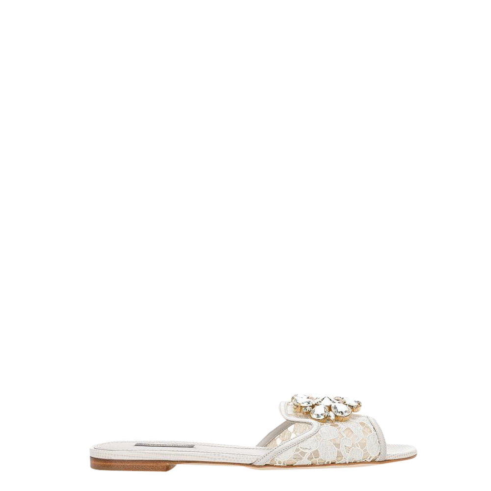 Dolce & Gabbana White Lacy Crystal Flat Slippers Size EU 36