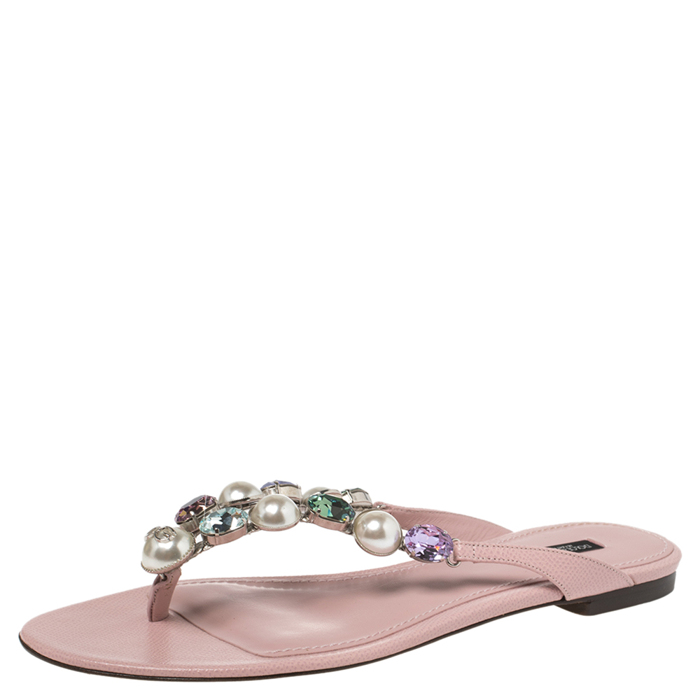 Dolce & Gabbana Pink Leather Crystal Embellished Thong Flat Sandals Size 40