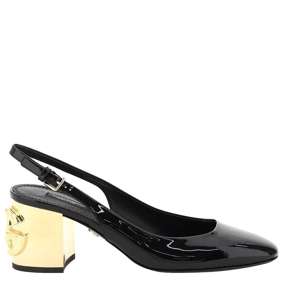 Dolce & Gabbana Black/Gold Patent Leather DG Karol Slingback Size IT 35