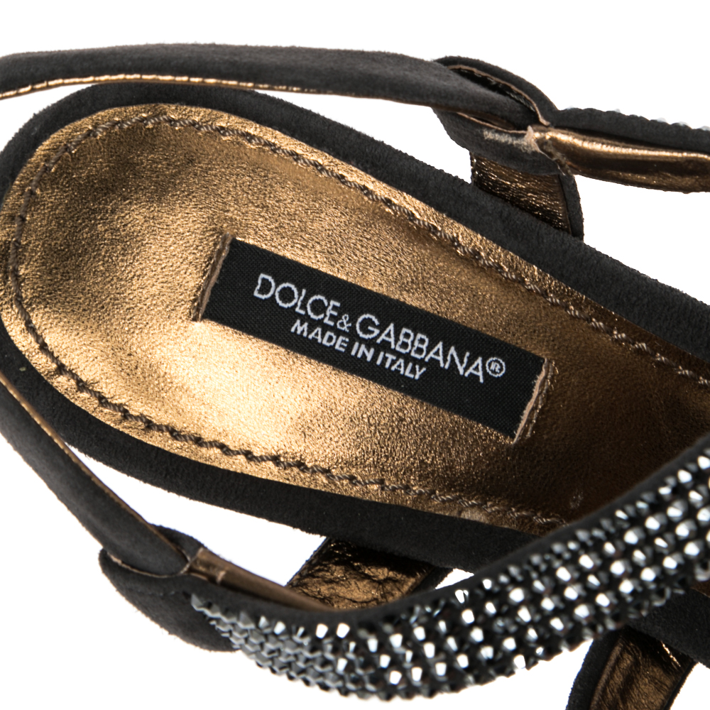 Dolce & Gabbana Dark Grey Suede Crystal Embellished Strappy Sandals Size 38.5