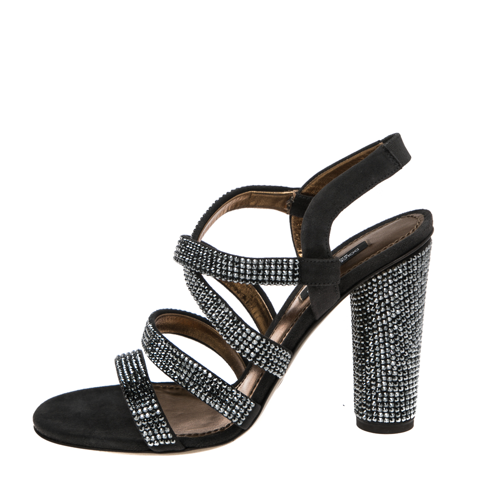 Dolce & Gabbana Dark Grey Suede Crystal Embellished Strappy Sandals Size 38.5