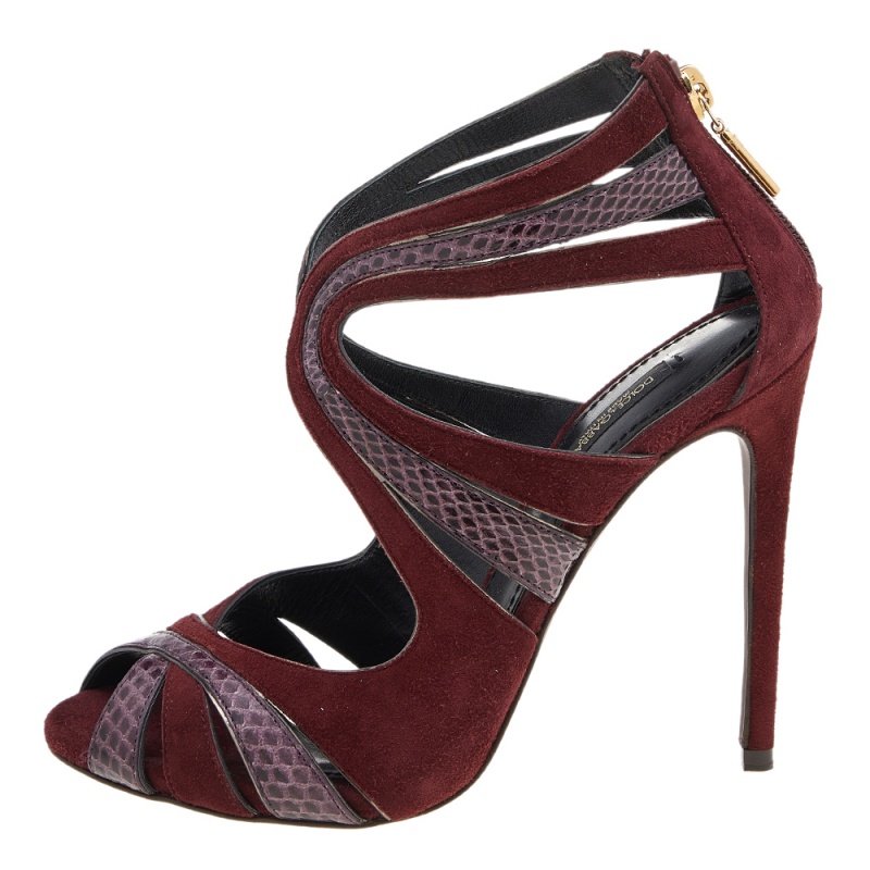 Dolce & Gabbana Burgundy Suede And Snakeskin Sandals Size 36.5