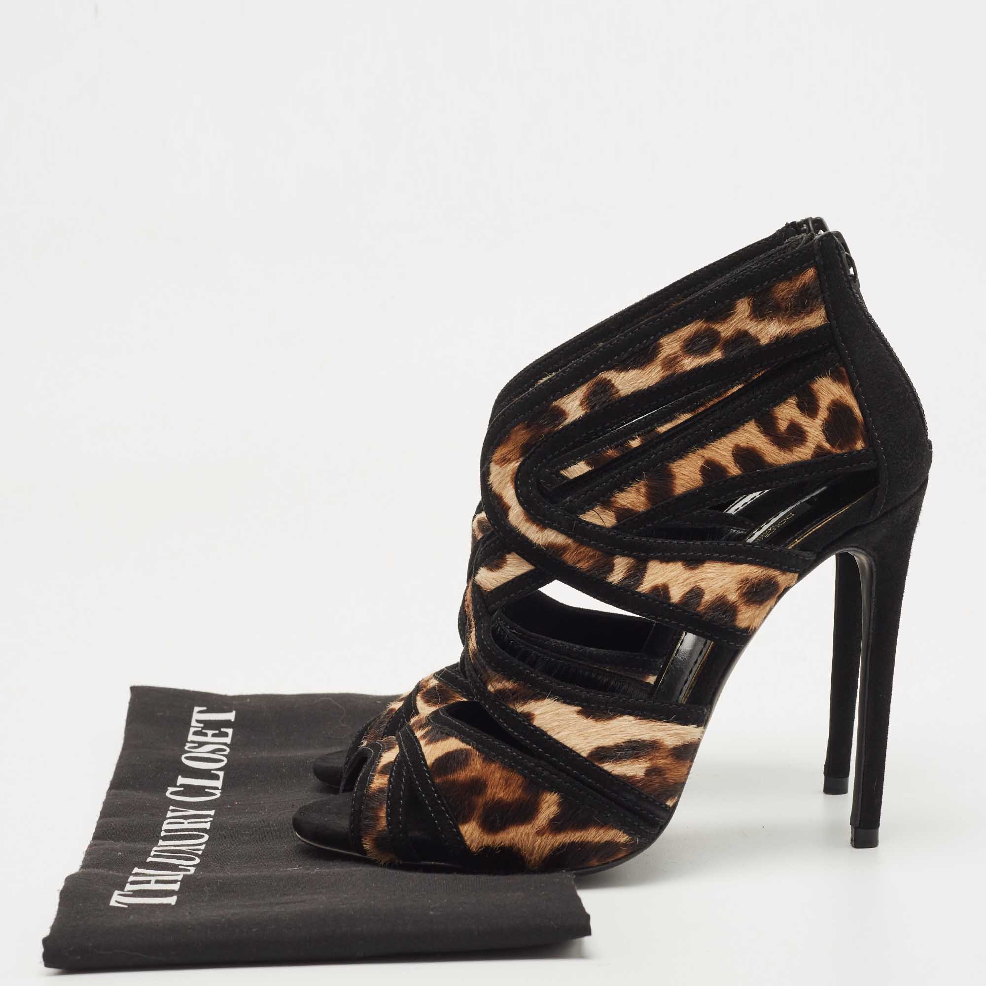 Dolce & Gabbana Brown/Beige Leopard Print Calf Hair And Suede Strappy Ankle Sandals Size 36.5