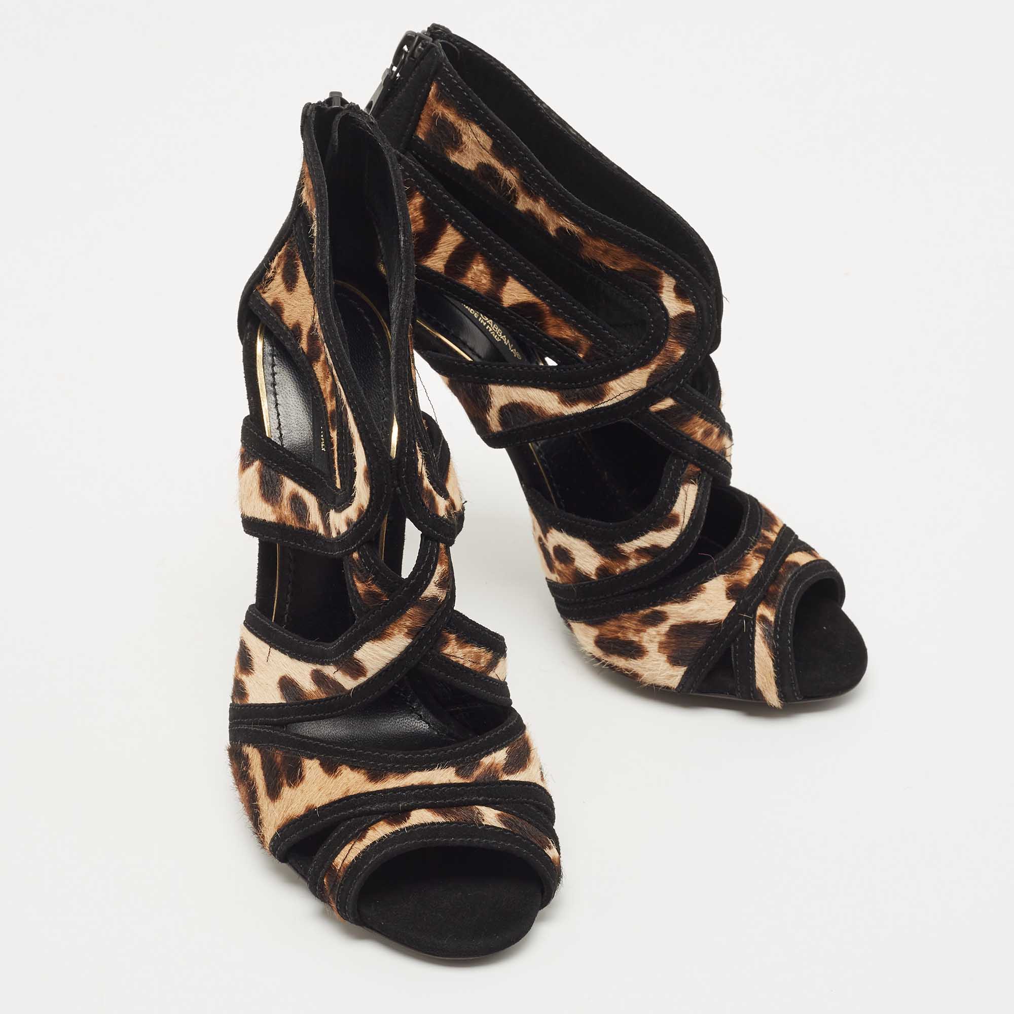 Dolce & Gabbana Brown/Beige Leopard Print Calf Hair And Suede Strappy Ankle Sandals Size 36.5