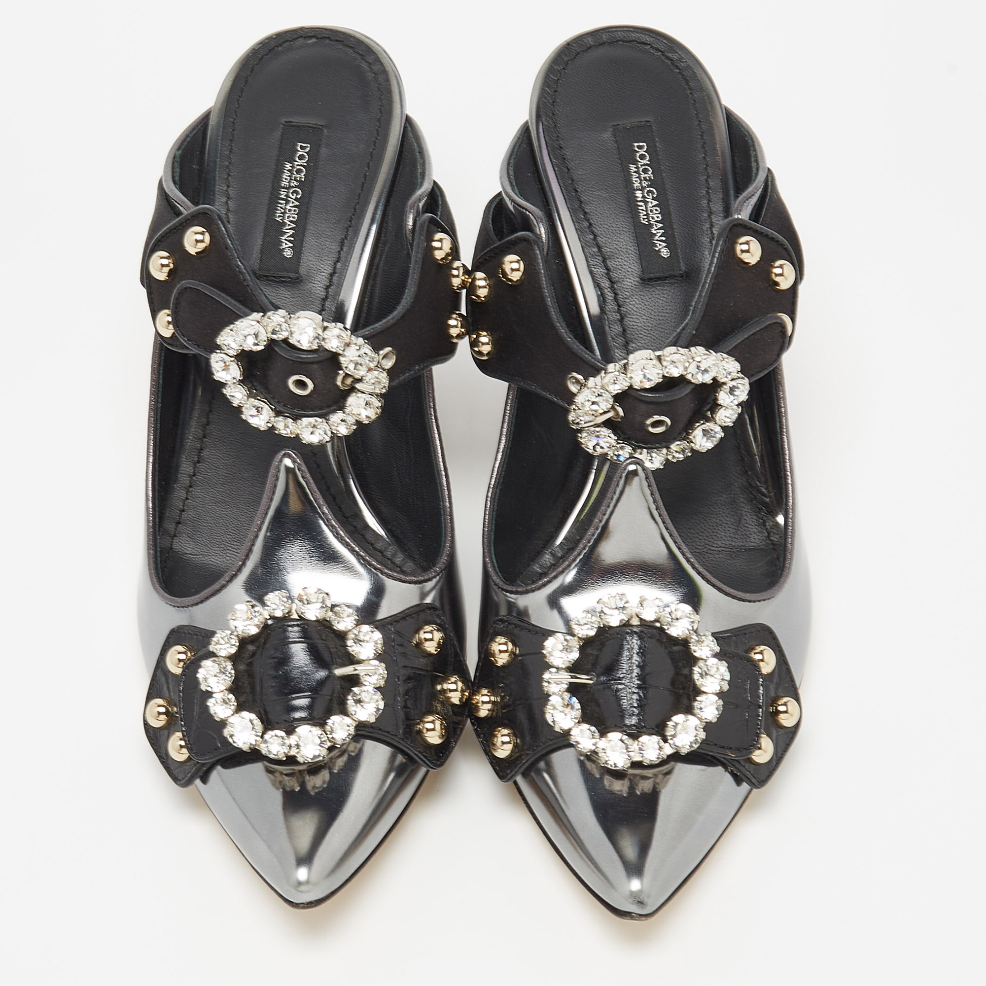 Dolce & Gabbana Metallic Silver/Black Leather Crystal Embellished Cutout Detail Mules Size 38
