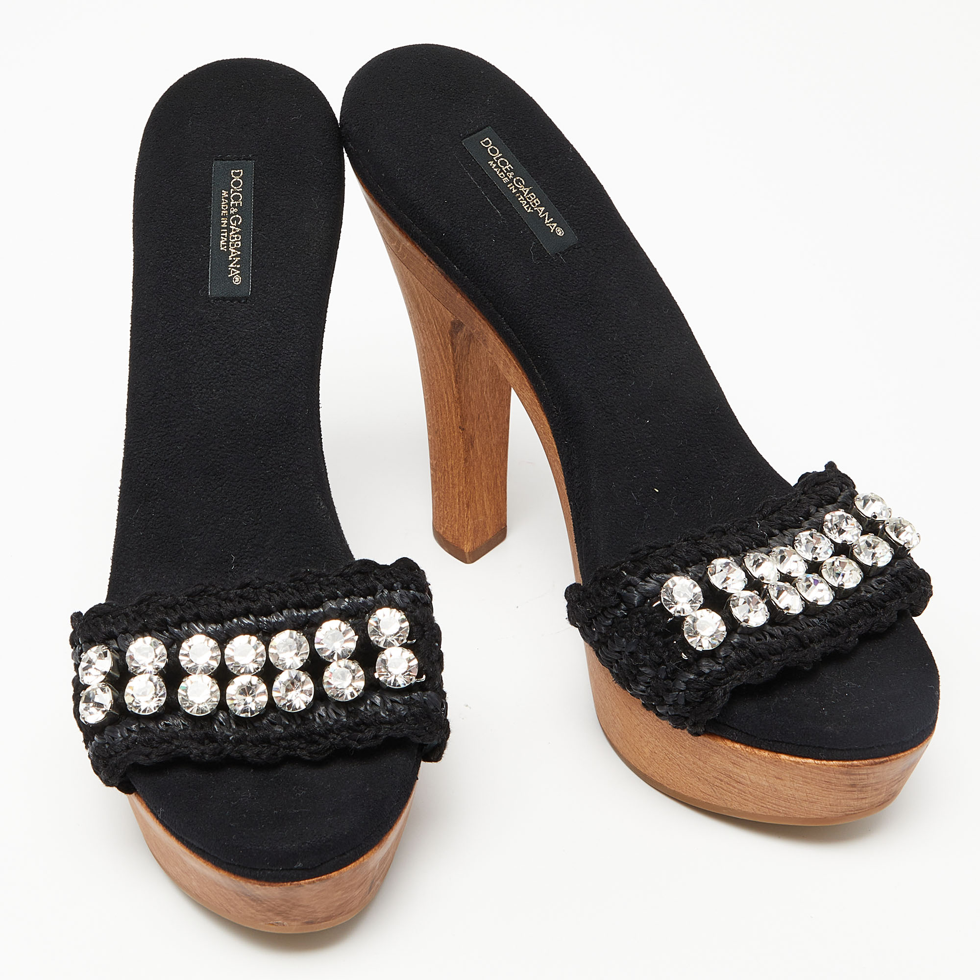 Dolce & Gabbana Black Woven Raffia And Fabric Crystal Embellished Platform Slide Sandals Size 38