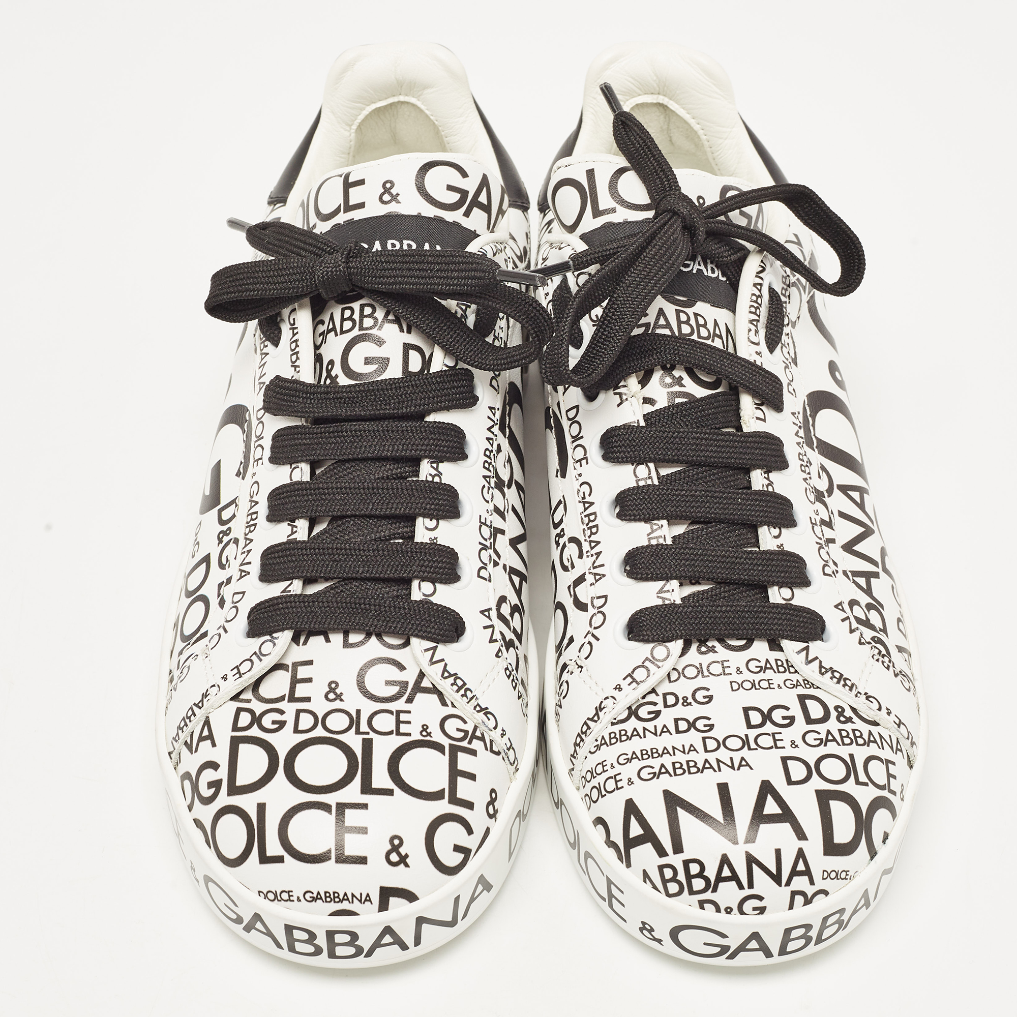 Dolce & Gabbana White/Black Leather Logo Print Portofino Low Top Sneakers Size 37.5