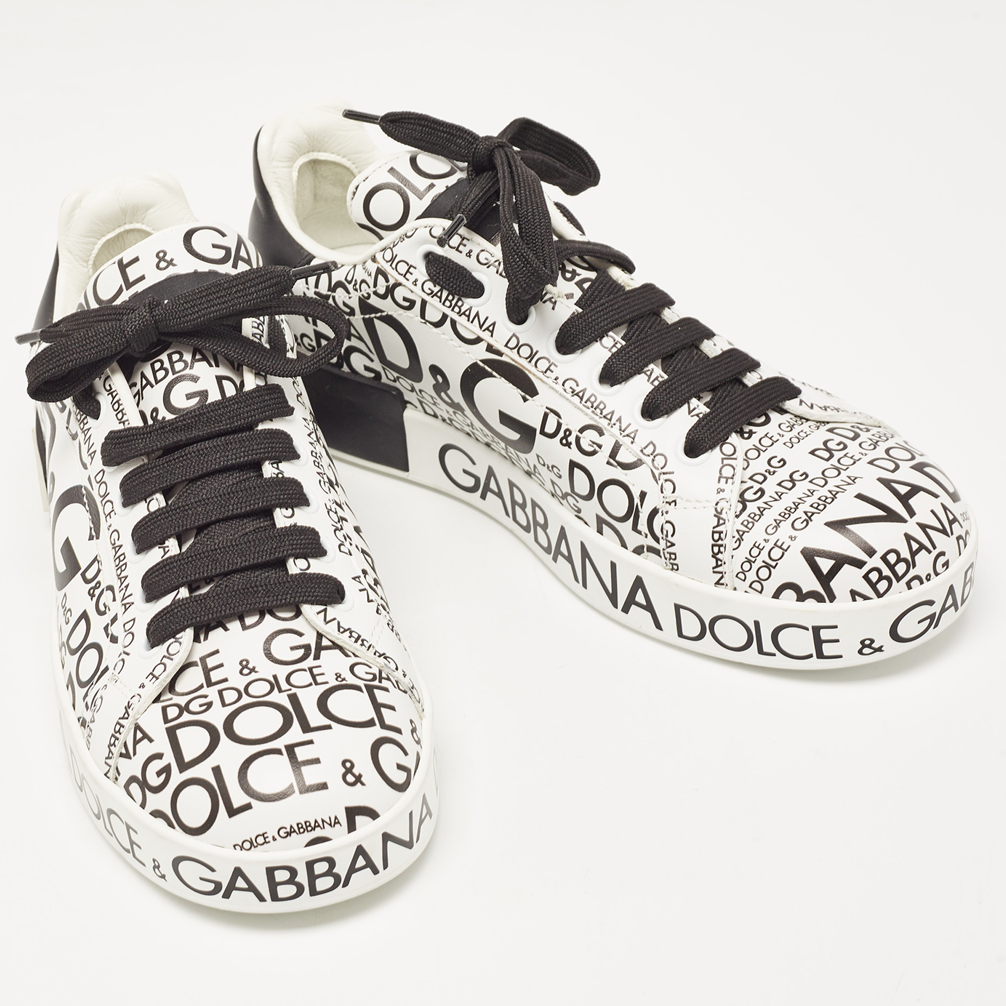 Dolce & Gabbana White/Black Leather Logo Print Portofino Low Top Sneakers Size 37.5