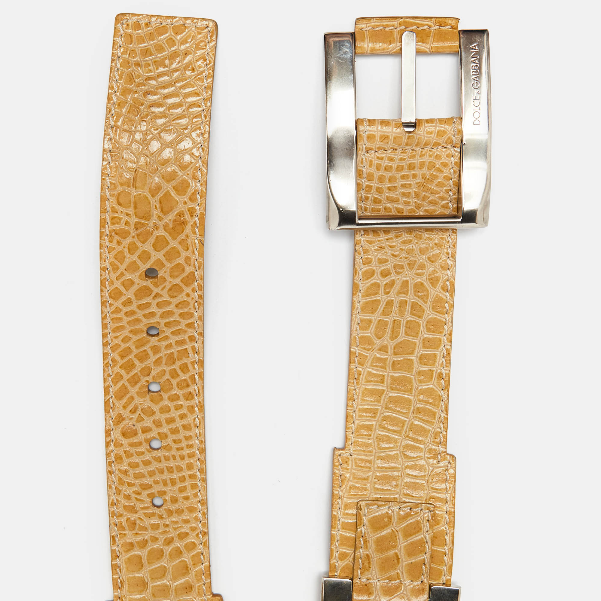 Dolce & Gabbana Cream Croc Embossed Leather Buckle Belt