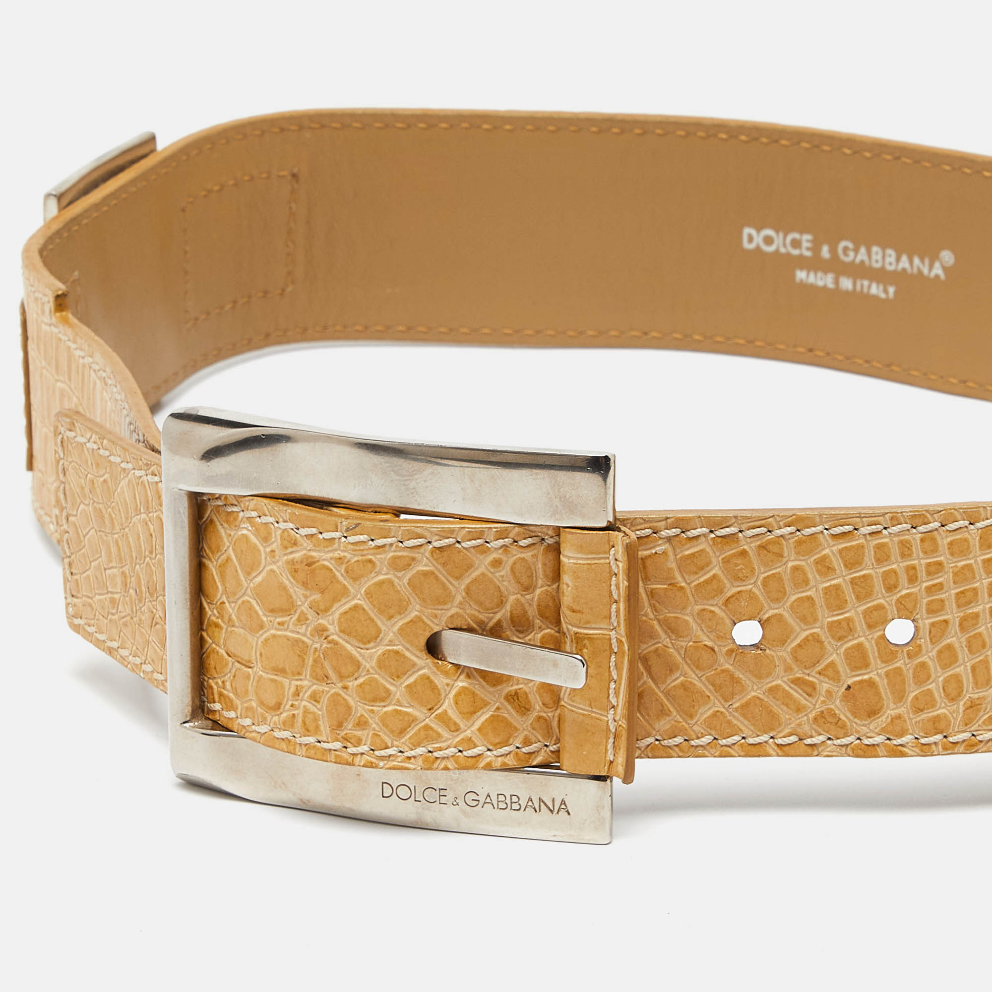 Dolce & Gabbana Cream Croc Embossed Leather Buckle Belt