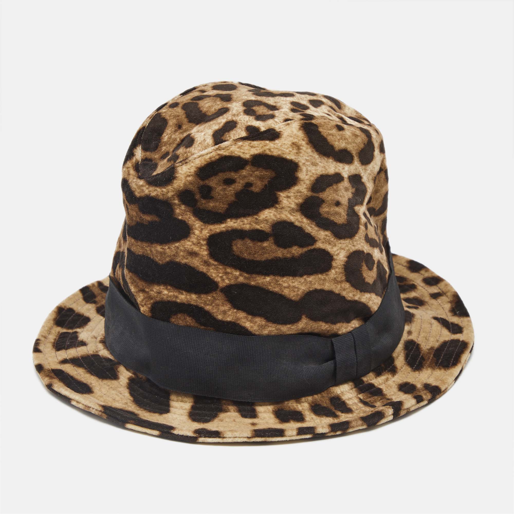 Dolce & Gabbana Brown Leopard Print Velvet Fedora Hat M