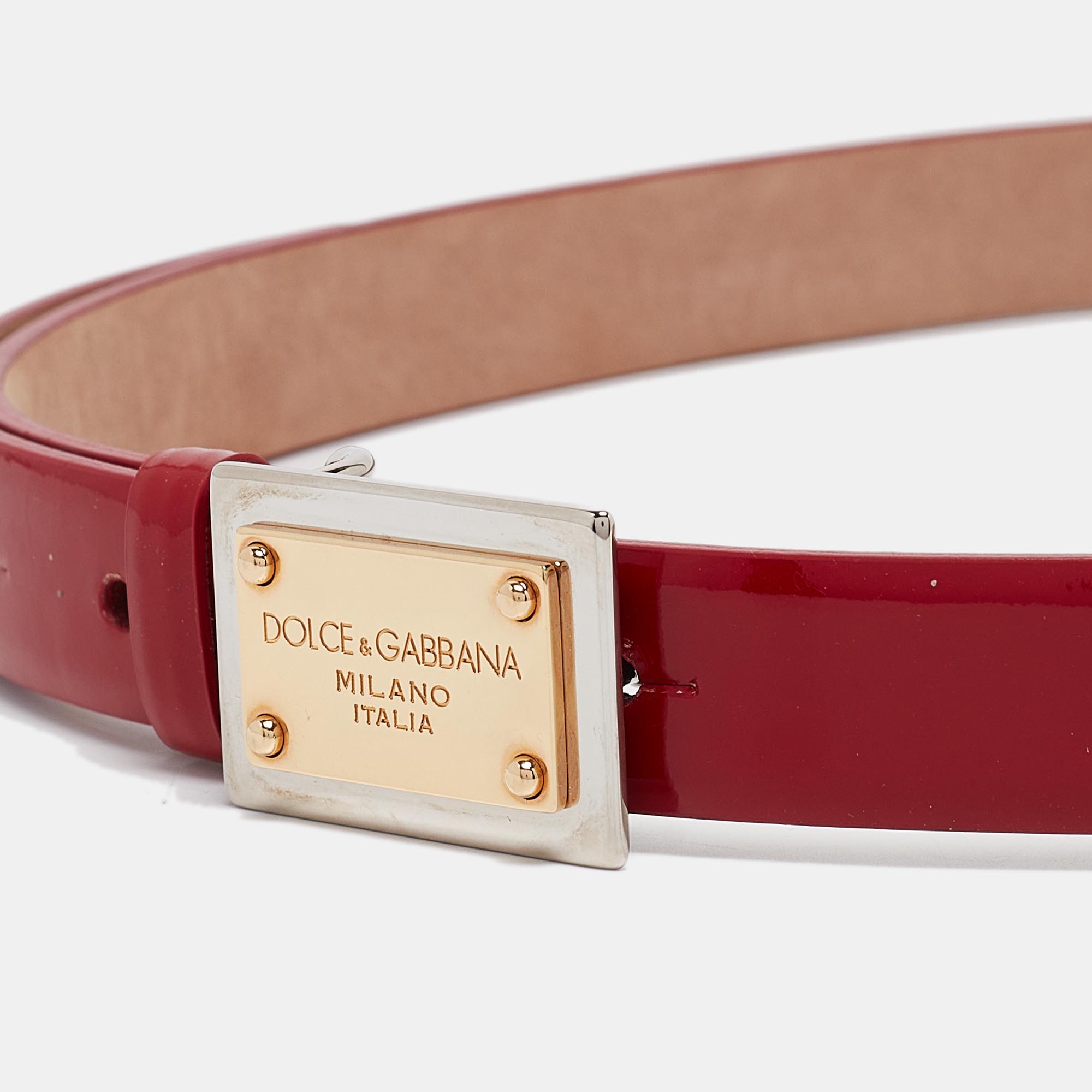 Dolce & Gabbana Red Patent Leather Logo Plaque Belt 75 CM