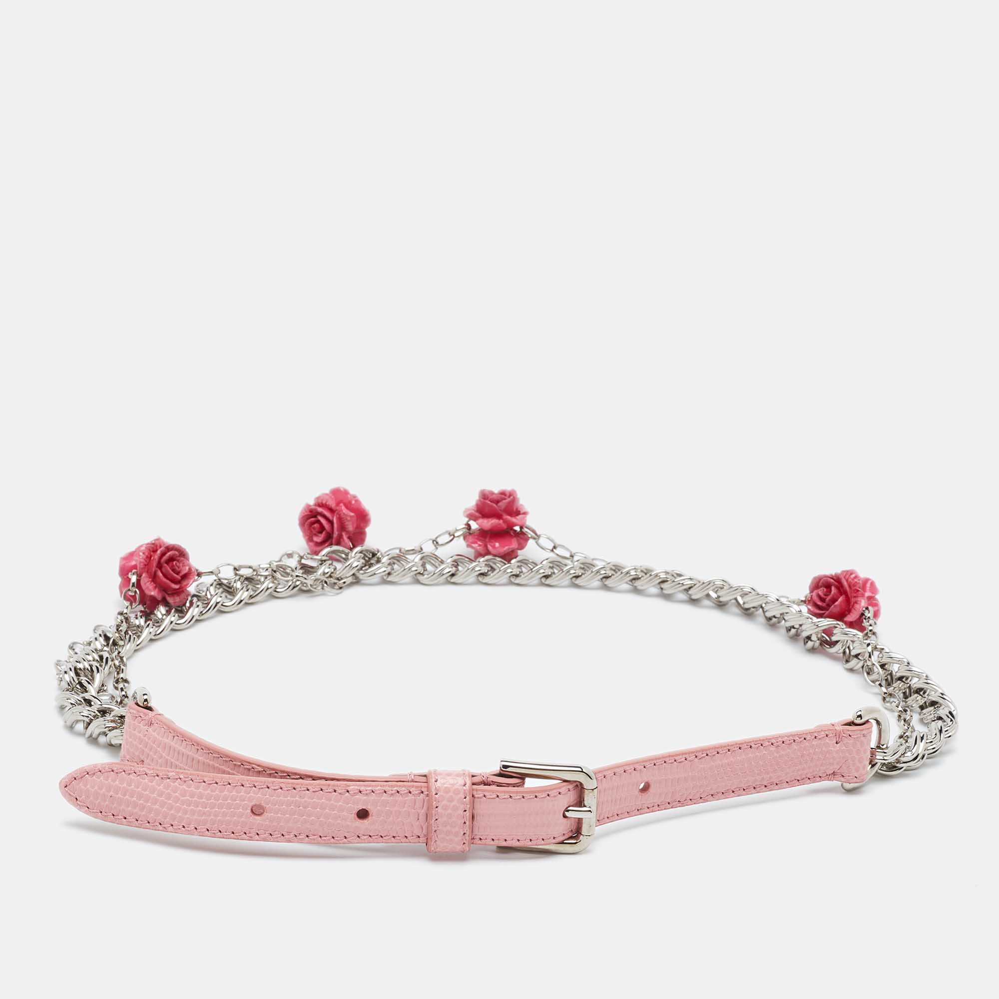 Dolce & Gabbana Pink Iguana Leather Rose Embellished Chain Waist Belt 65CM
Dolce & Gabbana Pink Iguana Leather Rose Embellished Chain Waist Belt 65CM