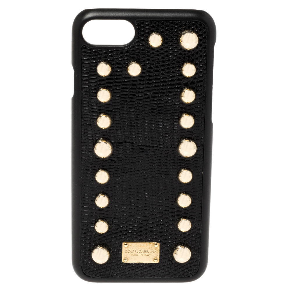 Dolce & Gabbana Black Lizard Embossed Leather Studded iPhone 7 Cover