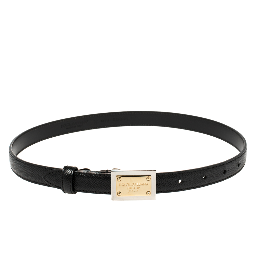 Dolce & Gabbana Black Grained Leather Logo Plaque Belt 65 CM