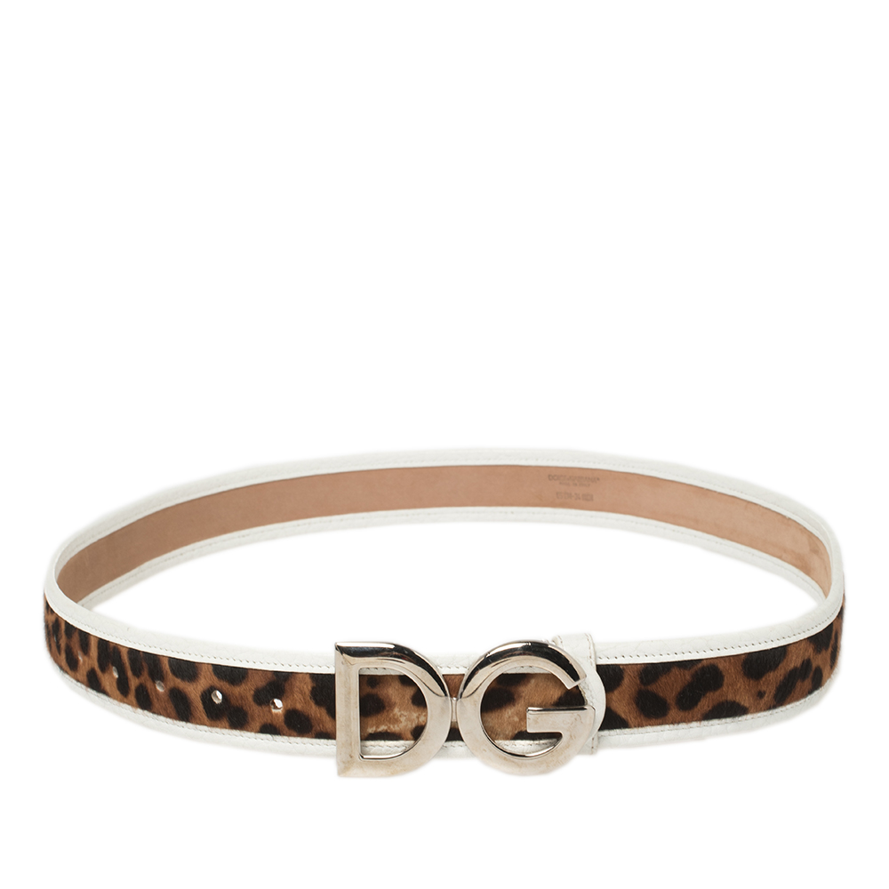 Dolce & Gabbana Brown/White Leopard Print Calf Hair And Leather Buckle Belt 85 CM